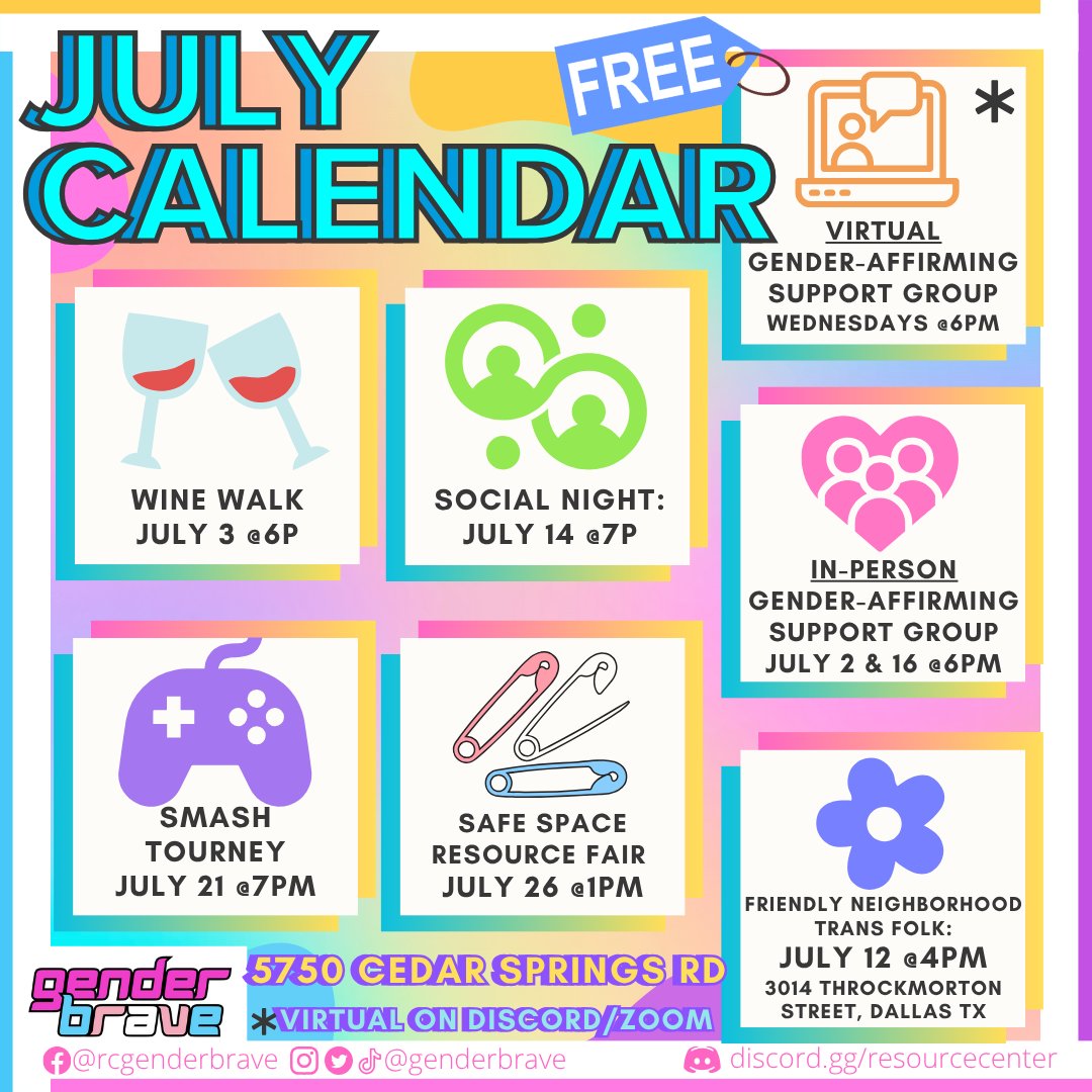GenderBrave's tweet image. Join us in July!

Come check us out at one of our events this month!  GenderBrave is a program to empower trans and gender expansive folks (ages 18-35) to better their community.

#GenderBrave #lgbtq #lgbt #transgender