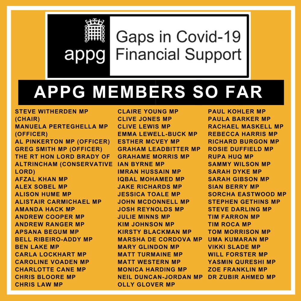 ExcludedUK's tweet photo. A HUGE THANK YOU TO ALL THE LORDs AND MPs WHO HAVE REGISTERED AS A MEMBER OF OUR ‘GAPS IN COVID-19 FINANCIAL SUPPORT’ APPG.
WEAS SECRETARIAT FOR THE NEW ‘GAPS IN COVID-19 FINANCIAL SUPPORT’ APPG, #ExcludedUK, would like to welcome all Lords and MPs as new members.
To join, either message us on here or email excludeduk@hotmail.com
Members of APPG so far:
Steve Witherden MP (Chair)
Manuela Perteghella MP (Officer)
Al Pinkerton MP (Officer)
Greg Smith MP (Officer)
The Rt Hon Lord Brady of Altrincham (Conservative Lord)
Afzal Khan MP
Alex Sobel MP
Alison Hume MP
Alistair Carmichael MP
Amanda Hack MP
Andrew Cooper MP
Andrew Ranger MP
Apsana Begum MP
Bell Ribeiro-Addy MP
Ben Lake MP
Carla Lockhart MP
Caroline Voaden MP
Charlotte Cane MP
Chris Bloore MP
Chris Law MP
Chris Webb MP
Claire Young MP
Clive Lewis MP
Emma Lewell-Buck MP
Esther McVey MP
Graham Leadbitter MP
Grahame Morris MP
Ian Byrne MP
Imran Hussain MP
Iqbal Mohamed MP
Jake Richards MP
Jessica Toale MP
John McDonnell MP
Josh Reynolds MP
Julie Minns MP
Kim Johnson MP
Kirsty Blackman MP
Marsha De Cordova MP
Mary Glindon MP
Matt Turmaine MP
Matt Western MP
Monica Harding MP
Neil Duncan-Jordan MP
Olly Glover MP
Paul Kohler MP
Paula Barker MP
Rachael Maskell MP
Rebecca Harris MP
Richard Burgon MP
Rosie Duffield MP
Rupa Huq MP
Sammy Wilson MP
Sarah Dyke MP
Sarah Gibson MP
Sian Berry MP
Sorcha Eastwood MP
Stephen Gethins MP
Steve Darling MP
Susan Murray MP
Tim Farron MP
Tim Roca MP
Tom Morrison MP
Uma Kumaran MP
Vikki Slade MP
Will Forster MP
Yasmin Qureshi MP
Zoe Franklin MP
Dr Zubir Ahmed MP
To join, either message us on here or email excludeduk@hotmail.com
To all those who have not yet pledged their support for this APPG, your excluded constituents would really appreciate you joining us to campaign:
To acknowledge the challenges faced by UK taxpayers excluded from Government financial support during the COVID-19 pandemic, to address the failings of past provisions, and to develop equitable solutions ensuring no one is excluded from support in future crises We would love to welcome you.
To join, either message us on here or email excludeduk@hotmail.com
3.8 MILLION UK TAXPAYERS WERE EXCLUDED FROM FAIR AND EQUAL COVID-19 FINANCIAL SUPPORT, YET WERE TOLD THEY COULD NOT WORK OR OPEN THEIR BUSINESSES. THAT IS 10% OF THE UK WORKFORCE…EQUIVALENT TO THE POPULATION OF WALES!! THERE WERE ONLY AN AVERAGE OF 500,000 JOB VACANCIES DURING COVID (SOURCE DATE FROM ONS) SO WHAT WERE THE OTHER 3.3 MILLION OF US SUPPOSED TO DO?!?
Please ask your MP to join our ‘Gaps in Covid-19 Financial Support APPG’ by either sending us a DM on here, or emailing excludeduk@hotmail.com All officer positions have been taken, but they are invited to be an ordinary member. They do not even have to attend the meetings as they will be emailed all progress after each meeting. We look forward to hearing from your MP to let us know they would like to be added to the register.
DID YOU GET LITTLE OR NO FINANCIAL SUPPORT DURING COVID?
Were you excluded from fair and equal Covid-19 financial support?
If so, join some of the other 3.8 million UK taxpayers who were, as we campaign for this scandal to be put right.. https://t.co/1GoANVaqj9
Dutifully paid in, deliberately left out!
Lives & livelihoods ruined!
38+ suicides and hundreds of attempted suicides!
Website: https://t.co/0yvKedEu5A
Facebook Group: https://t.co/1GoANVaqj9
Sign our petition https://t.co/GbOUrGj45Q
Sign up to our mailing list: https://t.co/zgpsggbnGK
There are over 20 categories of exclusions including:
·New starters
·New Businesses
·PAYE freelancers
·Newly self-employed
·Those denied furlough
·Directors paid in Dividends
·Directors paid PAYE Annually
·Made redundant before 19 Mar 2020
·Directors of Companies not in Profit
·Self-employed with +£50k trading profits
·Businesses ineligible for Business Grants
·Those in maternity/parental/adoption leave
·Those earning less than 50% income from self-employment
·Those whose personal circumstances have affected entitlement to support e.g. pensions, bereavement allowance, carer’s allowance, students, armed forces veterans… and more…
ExcludedUK are asking for:
(1) An apology from government so this injustice is recognised and assurance that it will never happen again.
(2) Parity of support
(3) Acknowledgement of loss of earnings/profit and consequential loss.
#ExcludedUK
#APPGGapsSupport