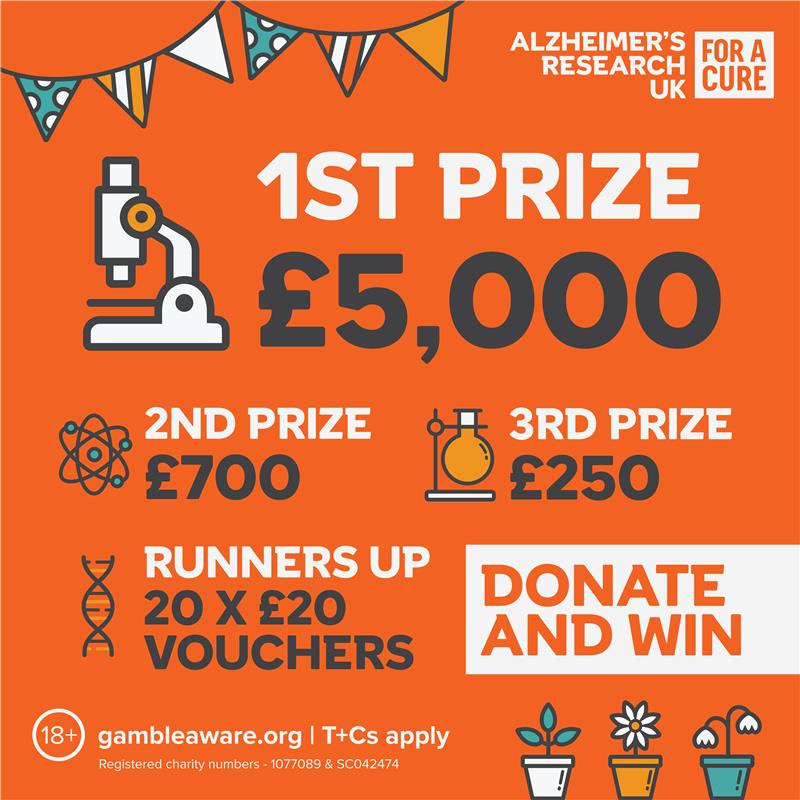 AlzResearchUK's tweet image. 📢 Don’t miss your chance to win £5,000!
🌺 Our Spring Raffle is closing soon – enter by 15 July!
🎫 £1 tickets 20+ incredible prizes to be won!
Your entry helps fund vital dementia research Help us find a cure today by entering now! 👇
alzheimersresearchuk.org/how-you-can-he…