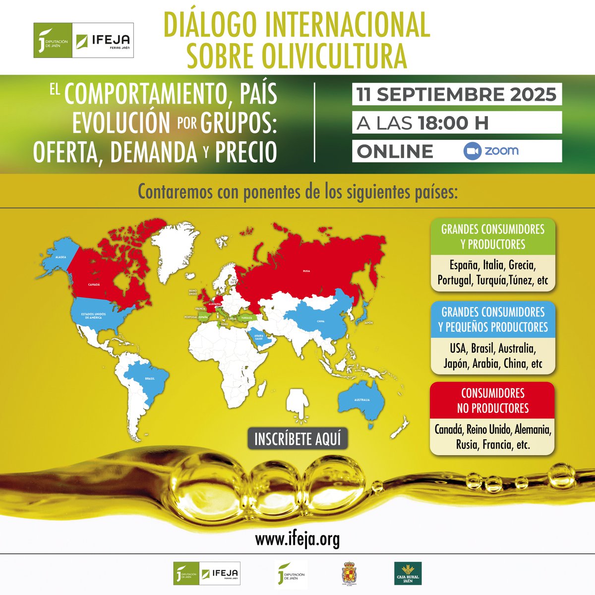 🌍 El 11/09 analizamos el comportamiento global del #AceiteDeOliva con 18 países (96% prod. y 83% consumo).
📈 Oferta, demanda y precios para la próxima campaña.
🕕 18:00 h CEST
🎟️ Inscripción GRATIS por ZOOM
🔗 us02web.zoom.us/webinar/regist…
#Olivicultura #Ifeja