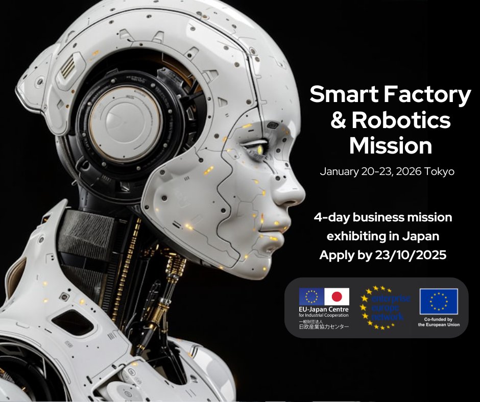 🤔Are you an #EU #SME specialized in #AI #robotics or #smartfactory 🤖 wanting to exhibit #Japan? Join the EU-Japan Centre Smart Factory and Robotics Business Mission and participate in the Factory Innovation Week in January! #smart
📝Apply by 21 Sept
🔍bit.ly/449HCMy
