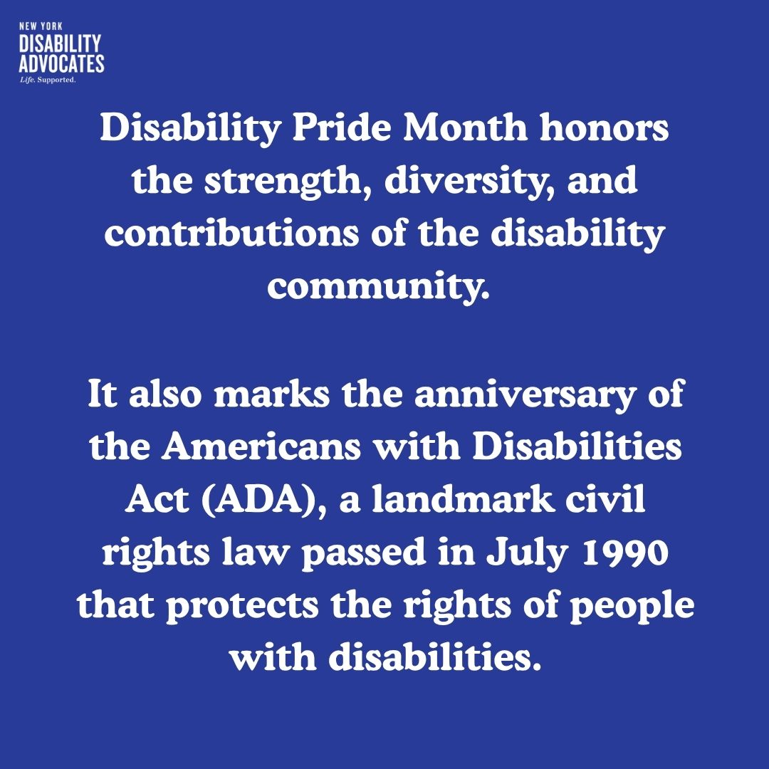 NYDisabilityAdv's tweet image. We honor the signing of the Americans with Disabilities Act with #DisabilityPrideMonth! Let's celebrate the strength, resilience, and contributions of people with disabilities, while continuing to advocate for a #StableCareSystem for all.
#DisabilityPride #InvestInMe #InvestInUs