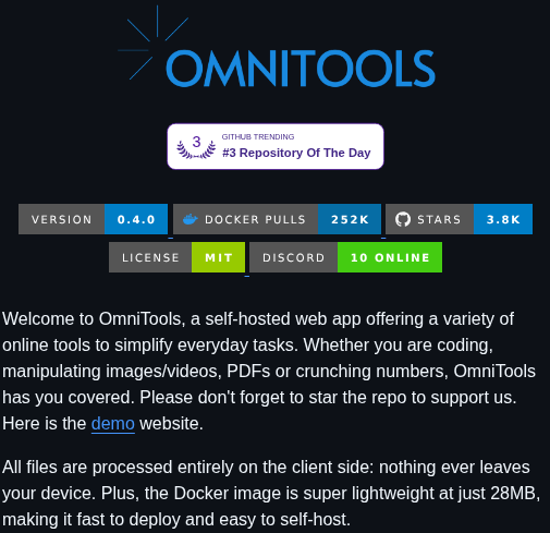 tom_doerr's tweet photo. Self-hosted web app with tools for text, images, video,PDF, JSON, CSV, numbers, and time https://t.co/mDwppZ7uEc