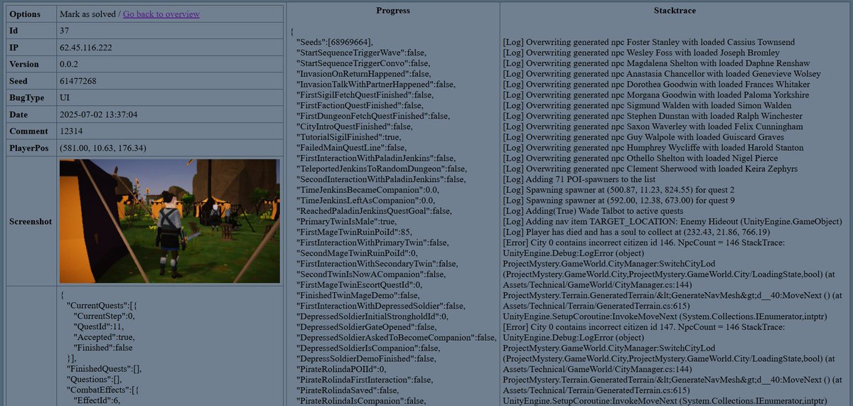 TheDutchTree's tweet image. A player can create a bug report and within 10 seconds have it submitted. 

I receive valuable information like the version of the game, player data, stack trace and even a screenshot!

#gamedev #debug #indiegame #solodev