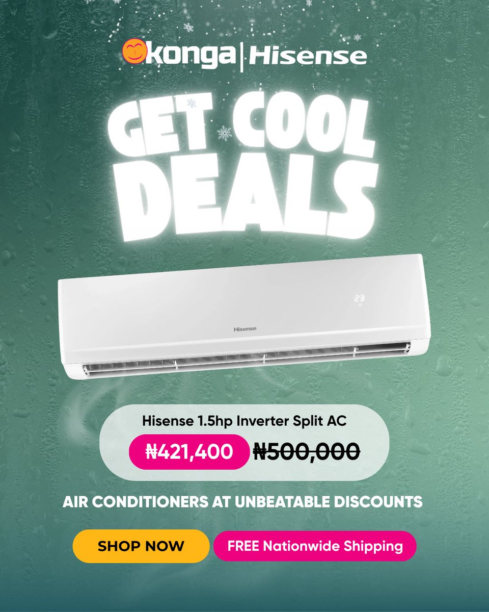 ShopKonga's tweet photo. π Konga Anniversary Deal!
Stay cool and save big with Hisense ACs β now at unbeatable prices!
Plus, enjoy FREE shipping on every order! πβ¨
π Shop now ππ https://t.co/X5czeLA0lu via the Konga App.
#KongaAt13 #HisensePromo #FreeShipping #AnniversarySale https://t.co/zR7nMQjnEW