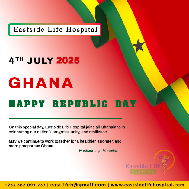 EastsideLH's tweet photo. On this special day, Eastside Life Hospital joins all Ghanaians in celebrating our nation’s progress, unity, and resilience.
#GhanaRepublicDay #RepublicDayGhana #ProudGhanaian #EastsideLifeHospital #HealthForAll #UnityAndProgress https://t.co/rJeMllBXzn