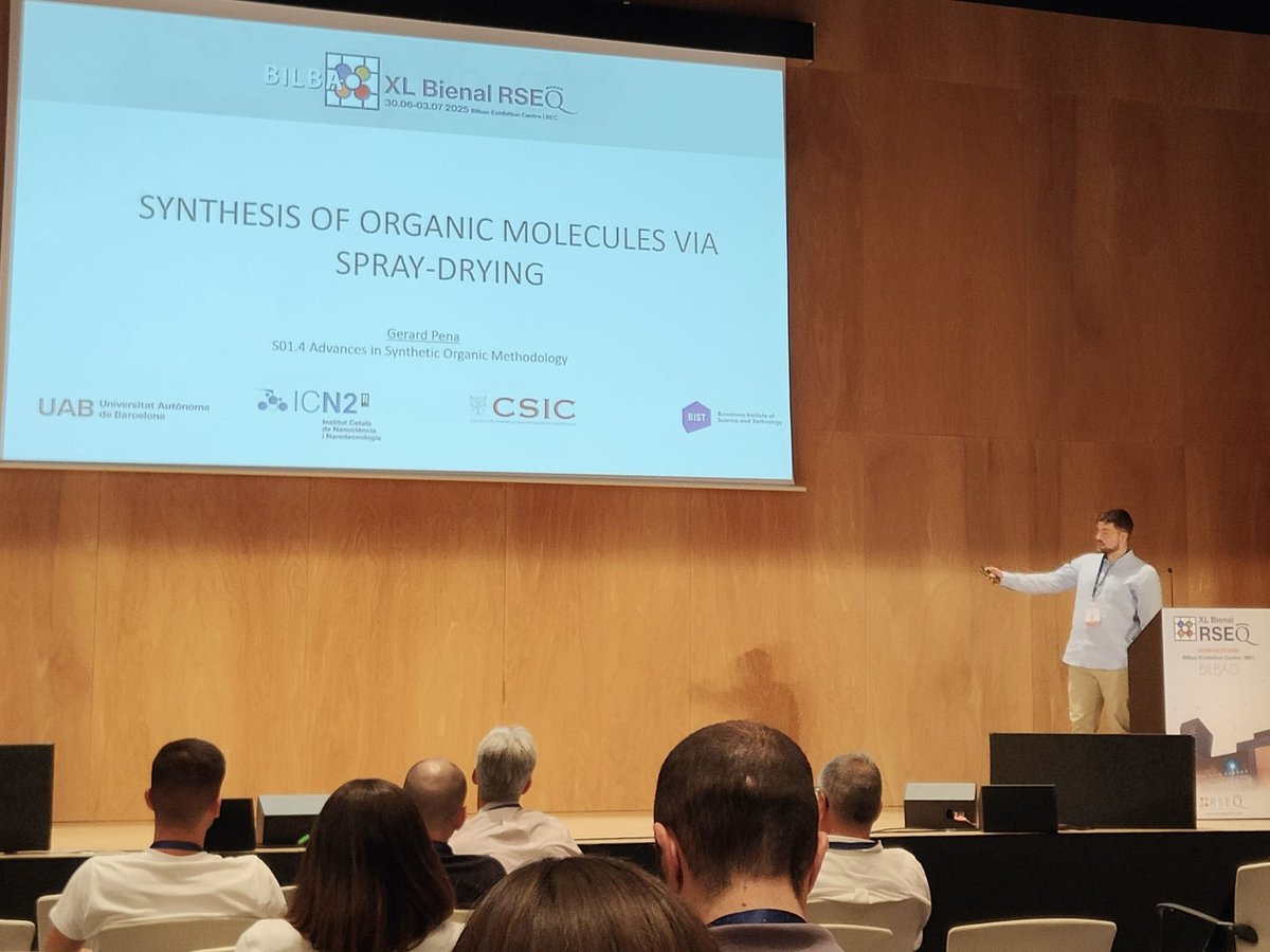 Round of applause for our very own Gerard Pena for a fantastic flash communication about the use of spray-drying to synthesize organic molecules at <a href="/BienalRSEQ2025/">XL Reunión Bienal de la RSEQ - Bilbao, 2025</a> 👏🏻