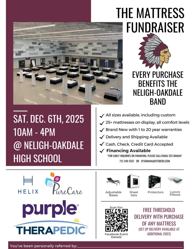 Need to buy a new mattress?  Want to support the N-O Band? You can do both at the same time! Save the date, Saturday, December 6th, 2025!