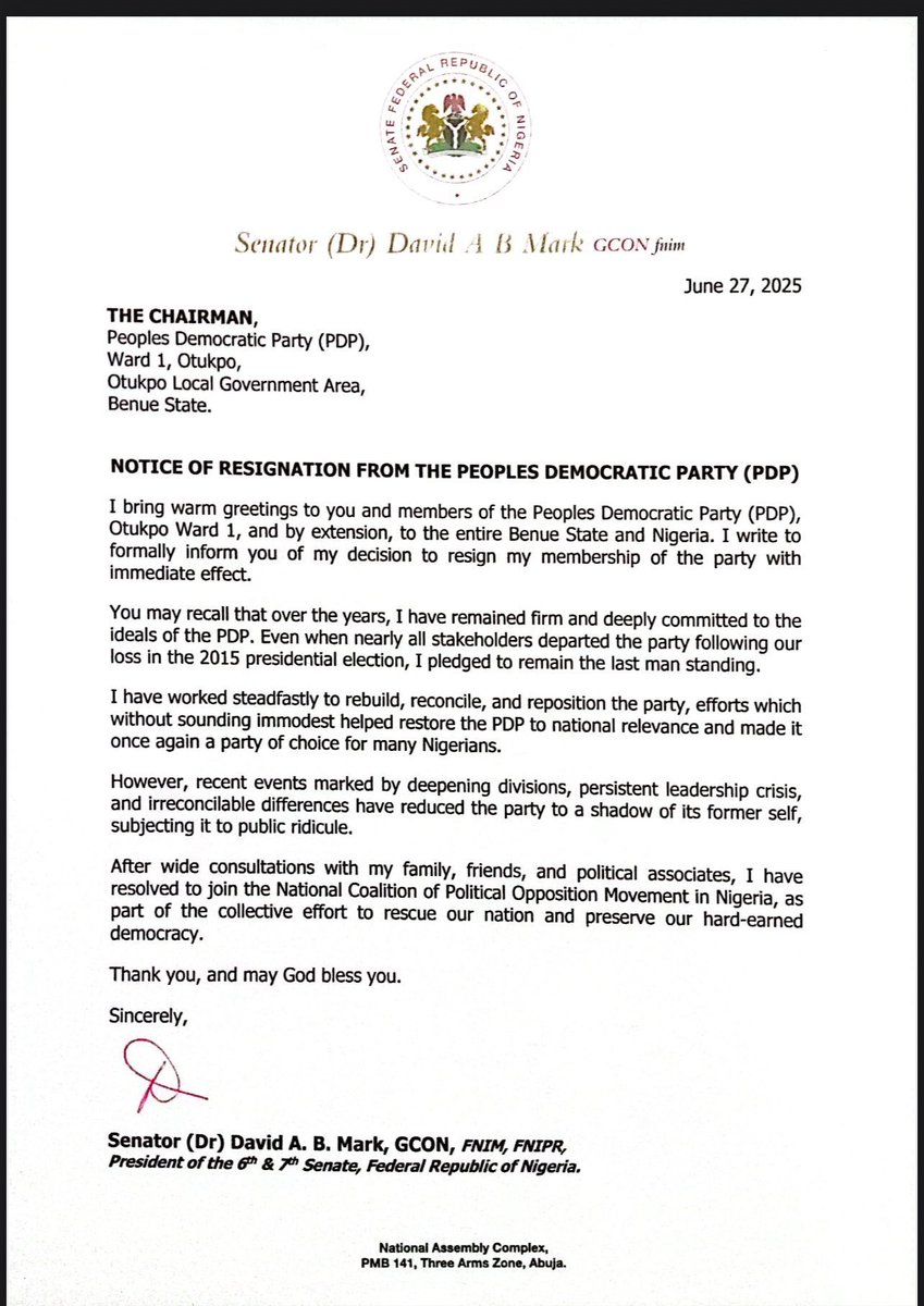 ArewaADCNews's tweet image. David Mark resigned!!!!