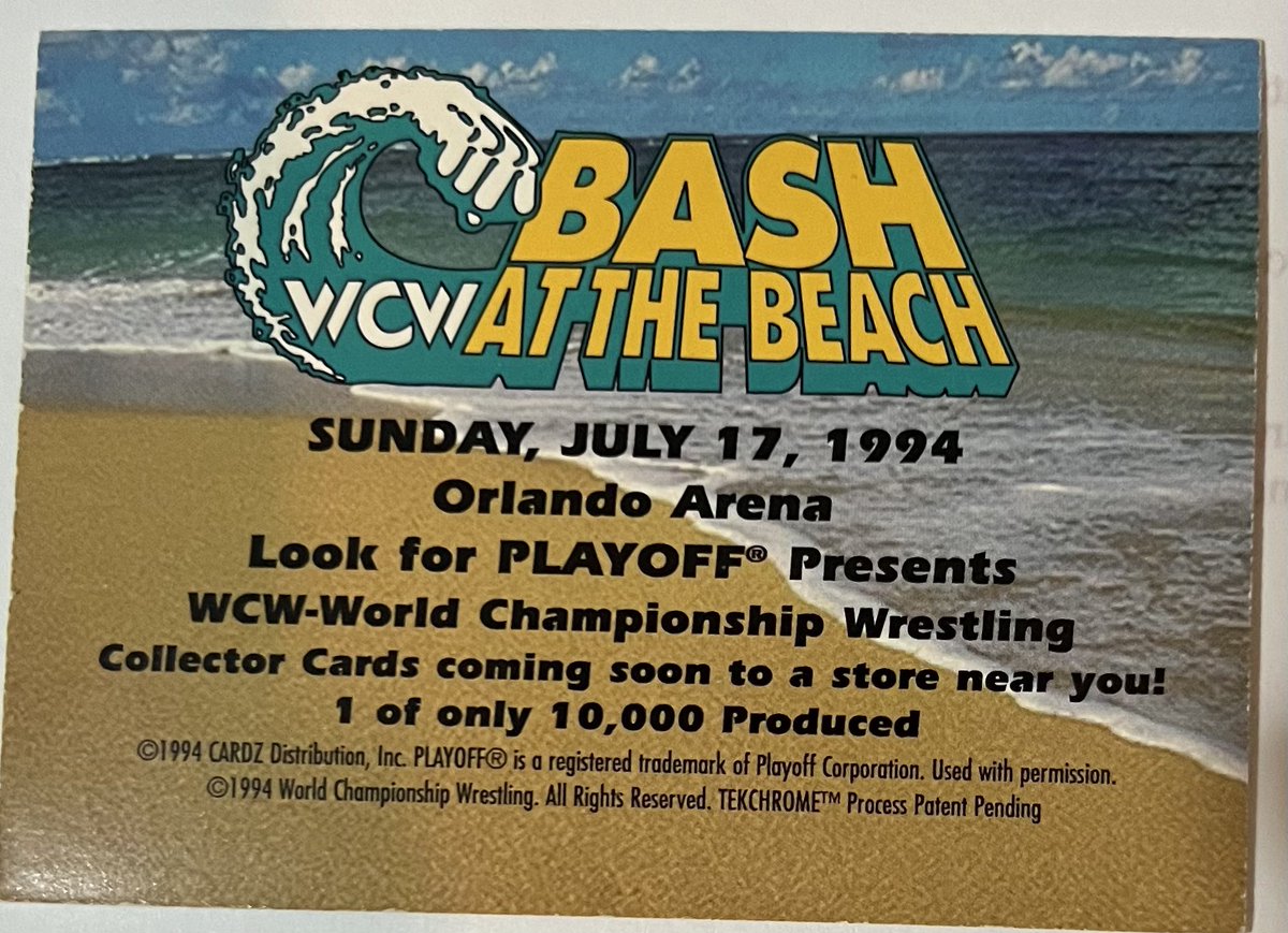 #wrestlingcardwednesday  This 1994 Tekchrome promo card for Bash At The Beach, featuring Hogan and Flair states that there were only 10,000 made, but according to wrestlingtradingcards.com, many of these were destroyed, leaving the total number distributed unknown.