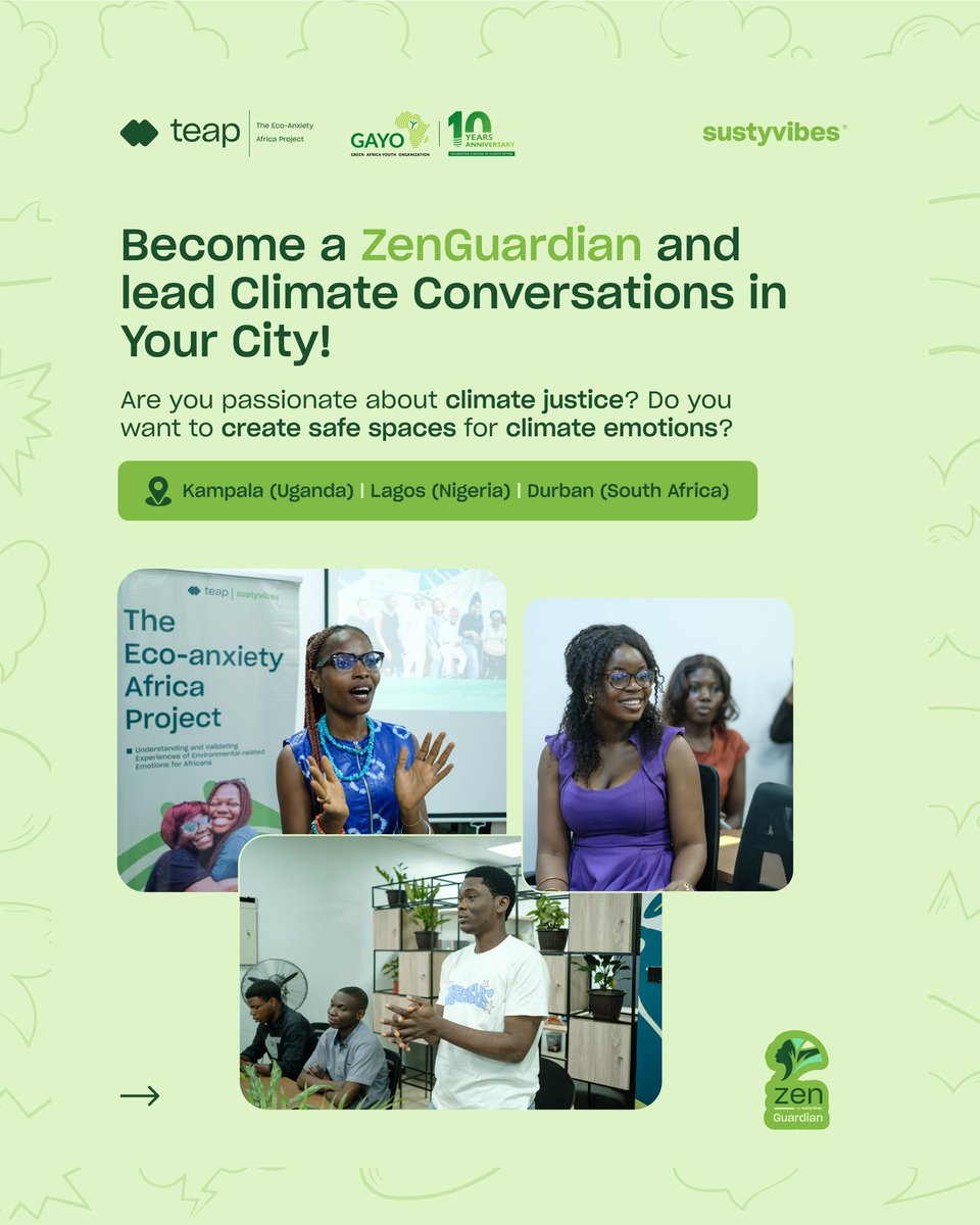 teap_africa's tweet photo. Passionate about climate justice & mental health? 🌿
Become a #ZenGuardian!
We’re training 12 young leaders in Lagos, Durban & Kampala to host youth-led ZenCafes—safe spaces to explore climate emotions & build resilience.
🗓️ Apply by July 20: https://t.co/5FxnoPzX0C
#TEAPAfrica https://t.co/IvNTrKPan2