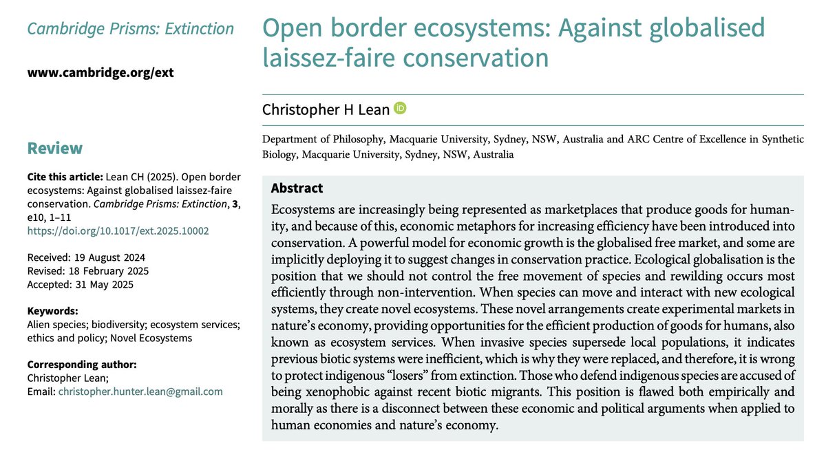 CambridgePrisms's tweet image. Discover the debate on open-border ecosystems and globalized conservation strategies in this thought-provoking article. A must-read for those interested in the intersection of ecology & policy! 🌍🌿
bit.ly/4l8PNP1
#Conservation #Ecosystems #Globalization @LeansaidLane