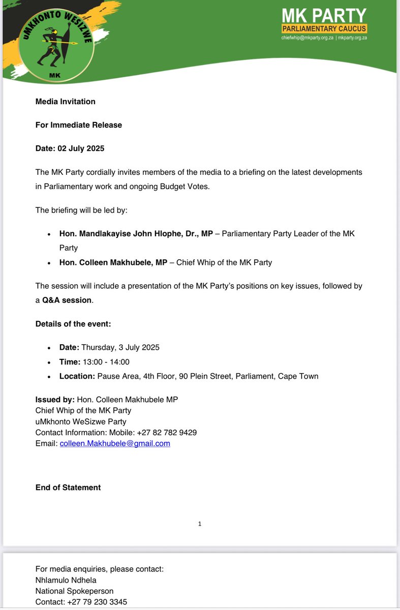 Hon. Colleen Makhubele MP (@colleenmakhub) on Twitter photo MK Party Parliamentary Caucus Press briefing tomorrow led by Deputy President and Party leader, Hon Hlophe and Chief Whip, Hon Makhubele ๐๐ฟ <a href="/MkhontoweSizwex/">uMkhonto WeSizwe Party (Official)</a> <a href="/MKParliament/">MK Party in Parliament</a> MK Party Parliamentary Caucus Press briefing tomorrow led by Deputy President and Party leader, Hon Hlophe and Chief Whip, Hon Makhubele ๐๐ฟ <a href="/MkhontoweSizwex/">uMkhonto WeSizwe Party (Official)</a> <a href="/MKParliament/">MK Party in Parliament</a>