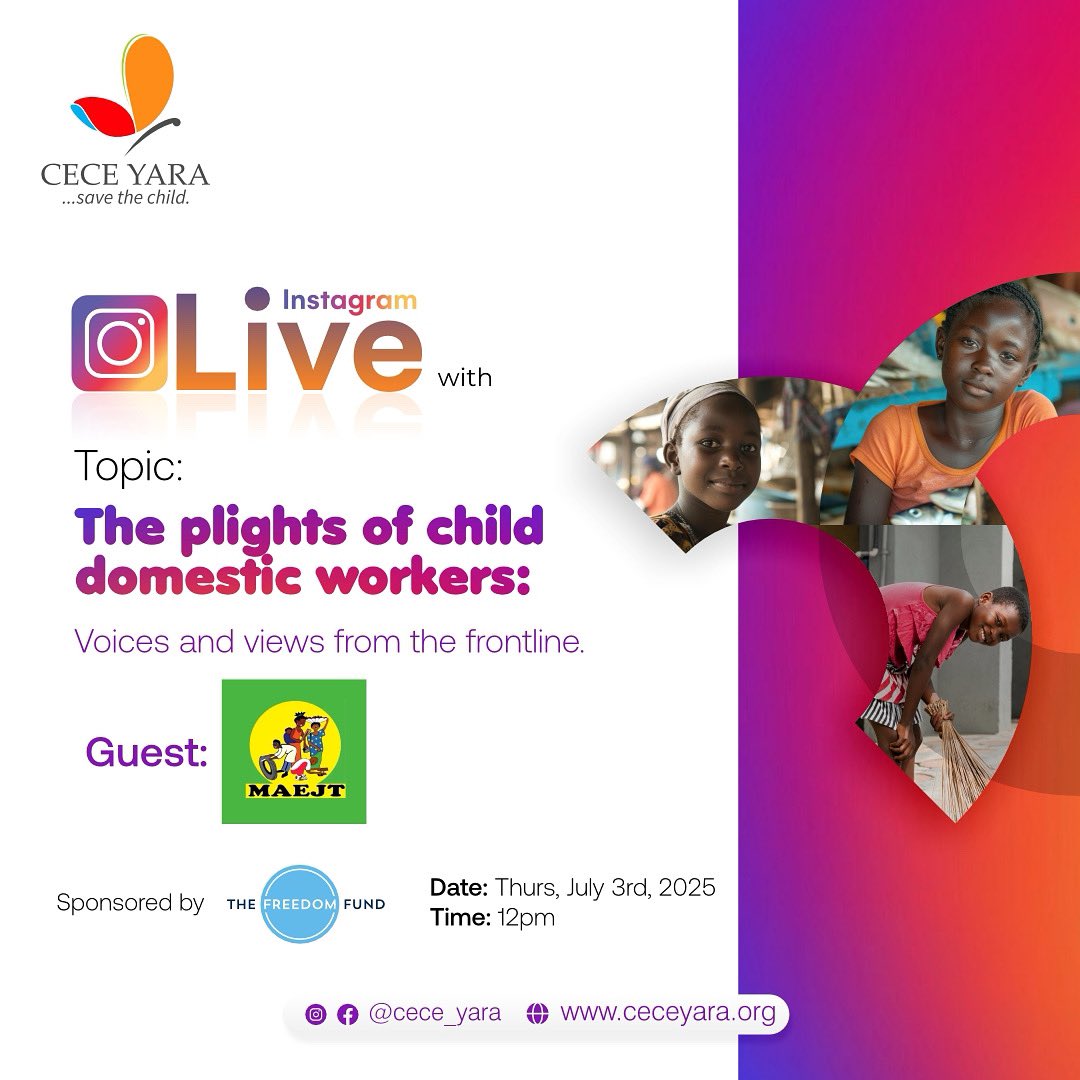 Every day, countless children work behind closed doors as domestic workers and are often deprived of education, safety, and a voice. 

🔗 Save the date, spread the word, and tune in!
#CeceYara #ChildProtection #StopChildLabour #ChildDomesticWorkers #InstaLive #HumanRights