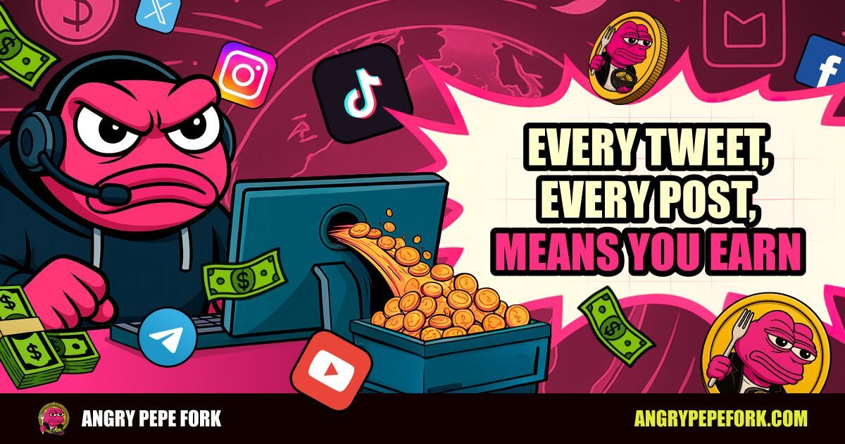 Post. Earn. Repeat.
$APORK turns your social grind into real rewards.

Twitter, TikTok, Telegram, YouTube — every post puts you one step closer to the top.
This is CommunityFi. This is Angry Pepe Fork.

💢 Join the mission: angrypepefork.com