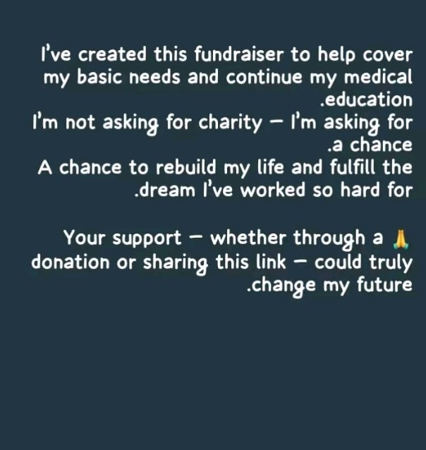 despite escaping the g*nocide and becoming a refugee, esraa still greatly needs help!

she can't afford rent or basic necessities!
she's a student, but she hasn't been able to attend because she can't pay the tuition.

sharing and d*nating is appreciated👇🏼
gofund.me/3edbd7a6
