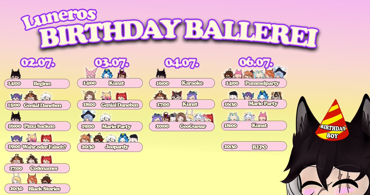 Lunero 🐺 GERVTuber | Moonlight Festival 18.-20.07 (@luneromoon) on Twitter photo JETZT LIVE AUF DER LILA PLATTFORM
Lasst die Party beginnen!!! JETZT LIVE AUF DER LILA PLATTFORM
Lasst die Party beginnen!!!