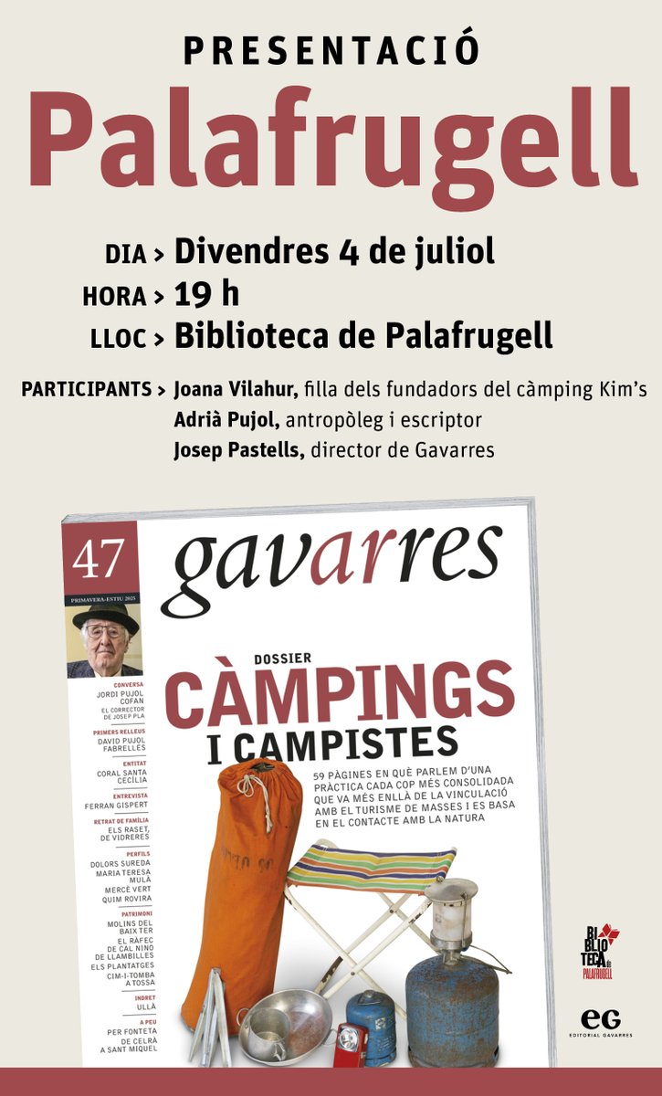 Grup Gavarres (@grupgavarres) on Twitter photo ⛺️ Aquest divendres plantarem la tenda a Palafrugell. A la Biblioteca, concretament, on ens reunirem al voltant de l'últim número de la <a href="/revistagavarres/">Revista Gavarres</a> acompanyats per la Joana Vilahur, l'<a href="/AdriPujol/">Adrià Pujol Cruells</a> i en <a href="/JosepPastells/">Josep Pastells Mascort</a>. ⛺️ Aquest divendres plantarem la tenda a Palafrugell. A la Biblioteca, concretament, on ens reunirem al voltant de l'últim número de la <a href="/revistagavarres/">Revista Gavarres</a> acompanyats per la Joana Vilahur, l'<a href="/AdriPujol/">Adrià Pujol Cruells</a> i en <a href="/JosepPastells/">Josep Pastells Mascort</a>.