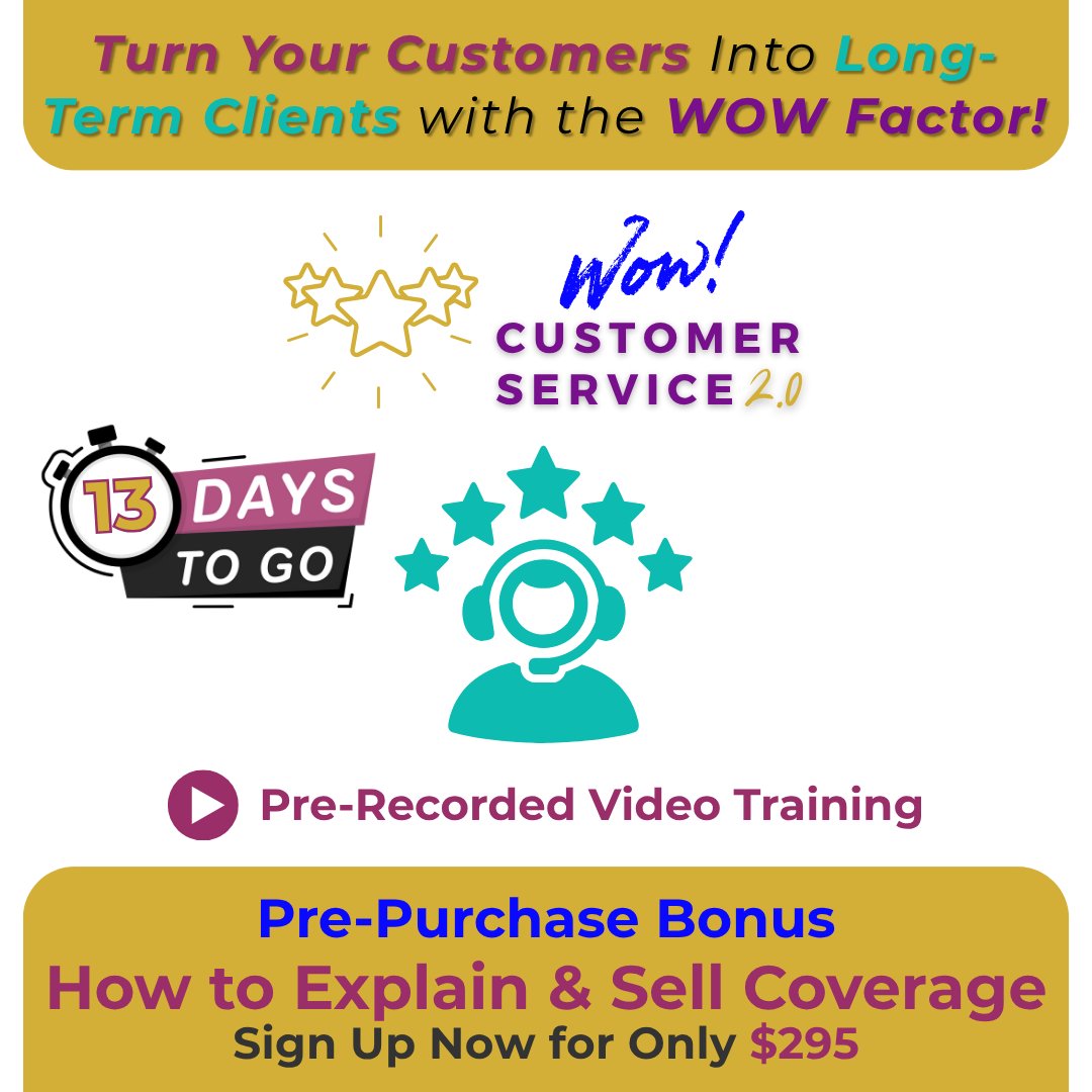 Appsinsurance's tweet image. ❓Want to WOW every customer — every time?

🚨 PRE-SALE IS LIVE! But hurry... only 13 days left before the full launch!

#WowCustomerService #InsuranceTraining #CustomerExperienceMatters #AgencyPerformancePartners #KellyDonahuePiro #InsuranceGrowth #CSRTips