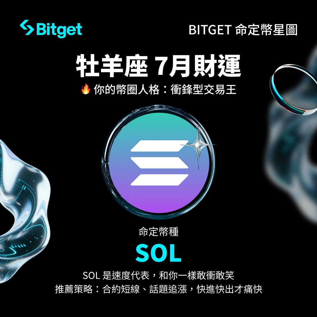 BitgetTC's tweet photo. 🔮 【Bitget 命定幣星圖｜來測你的命運交易力！】

🎁 本期活動抽出 60 BGB（約 250 USDT）

♈️ 牡羊座 7 月財運揭曉！
你的幣圈人格是：衝鋒型交易王🔥
命定幣種：SOL｜速度代表，和你一樣敢衝敢笑
牡羊總是搶在第一個出手，果���、直接、快很準。

7 月建議交易策略：合約短線、話題選題，快進快出才痛快！

🌟 參加抽獎：
1️⃣ 追蹤 @bitgettc ，點贊+轉發此貼文
2️⃣ 留言區告訴我們— 「如果你能發行一種自己的加密貨幣，會叫什麼名字？」
3️⃣ tag 3位好友一起參加！

🎁活動時間：2025年6月26日-2025年7月25日 23:59 （UTC+8)