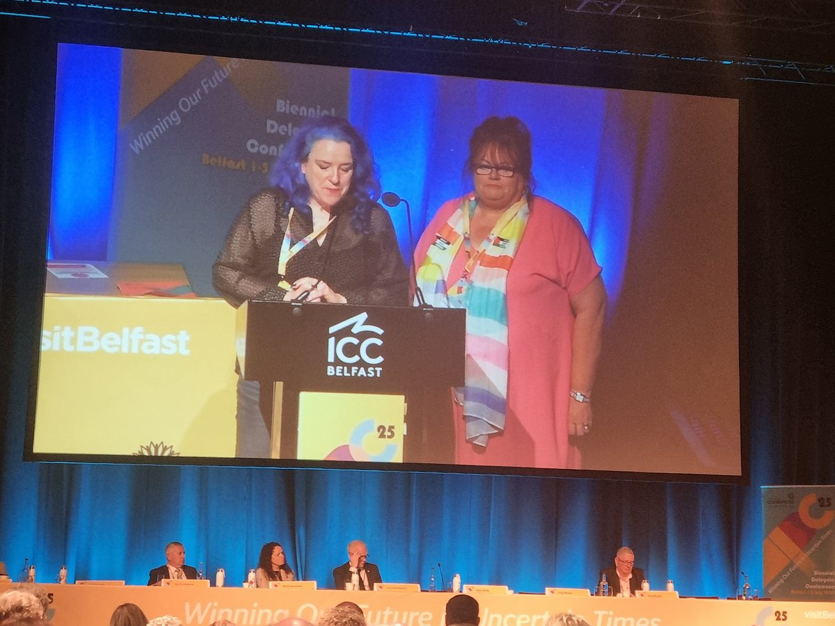 PCS_NI's tweet image. Women's Committee Chairs, sisters Tina Creaney and Margaret Coughlan inform @irishcongress conference on the outstanding work the committee has delivered for women members in Ireland. #BDC25
