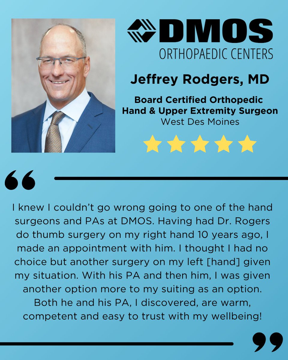 ⭐⭐⭐⭐⭐ Thank you to the patient who left this five star review for Dr. Rodgers! We are grateful you had a positive experience at DMOS.

Book an appointment today by visiting tinyurl.com/dmosappointmen… or calling 515-224-1414! #herewhenyouneedus #orthopedics