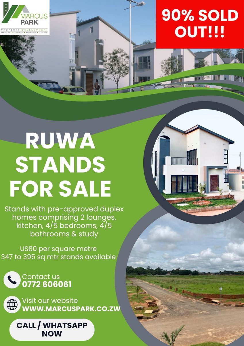 marcusparkzw's tweet photo. Phase 3 
90% SOLD OUT!!!!

Stands for Sale in Marcus Park, RUWA
347 to 395 sq mtr stands available.
Pre-approved duplex house plans comprising  2 lounges, kitchen, 4/5 bedrooms &amp; 4/5 bathrooms, study &amp; upstairs braai area.

Call or WhatsApp 0772606061 to view https://t.co/PVEc2zhaxt