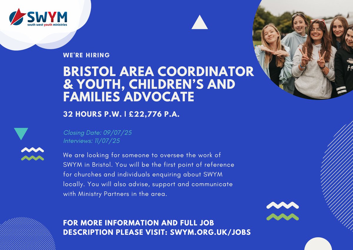 We’re looking for a Bristol Area Coordinator &amp; Youth Advocate!

Be the go-to person for churches, support ministry partners, and champion youth, children’s &amp; families work in Bristol.

👉 32 hrs/week | £22,776 p.a.
⏰ Apply by 9 July | Interviews 11 July
swym.org.uk/jobs