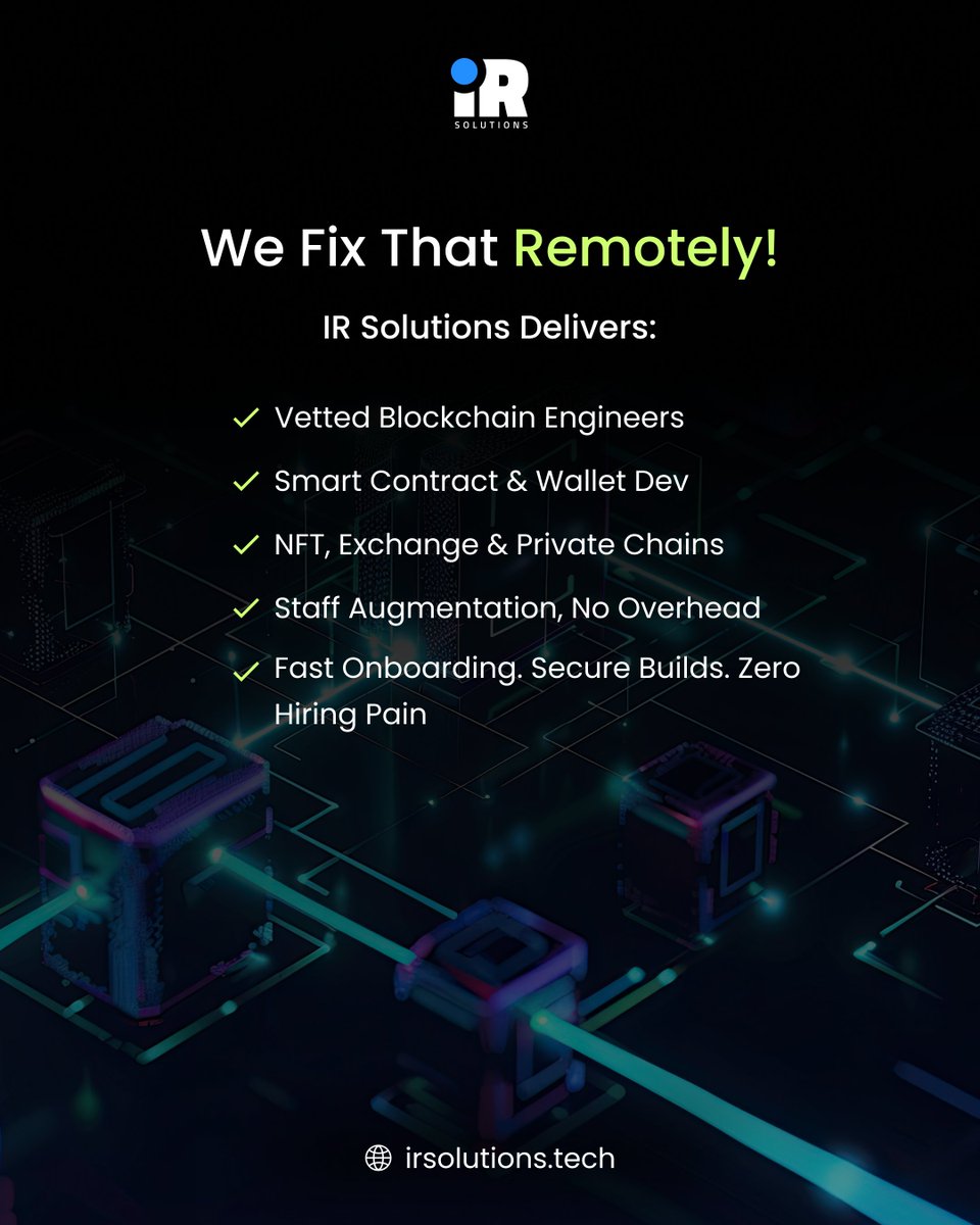 IRSolutions_'s tweet photo. We offer remote blockchain developers you can trust, vetted, scalable, and ready to plug into your product today. 

#blockchain #web3 #smartcontracts #remoteteam #staffaugmentation #nftdevelopment #irsolutions #techhiring #remotework #staffaugmentation #remotework https://t.co/jpcCx7biU4
