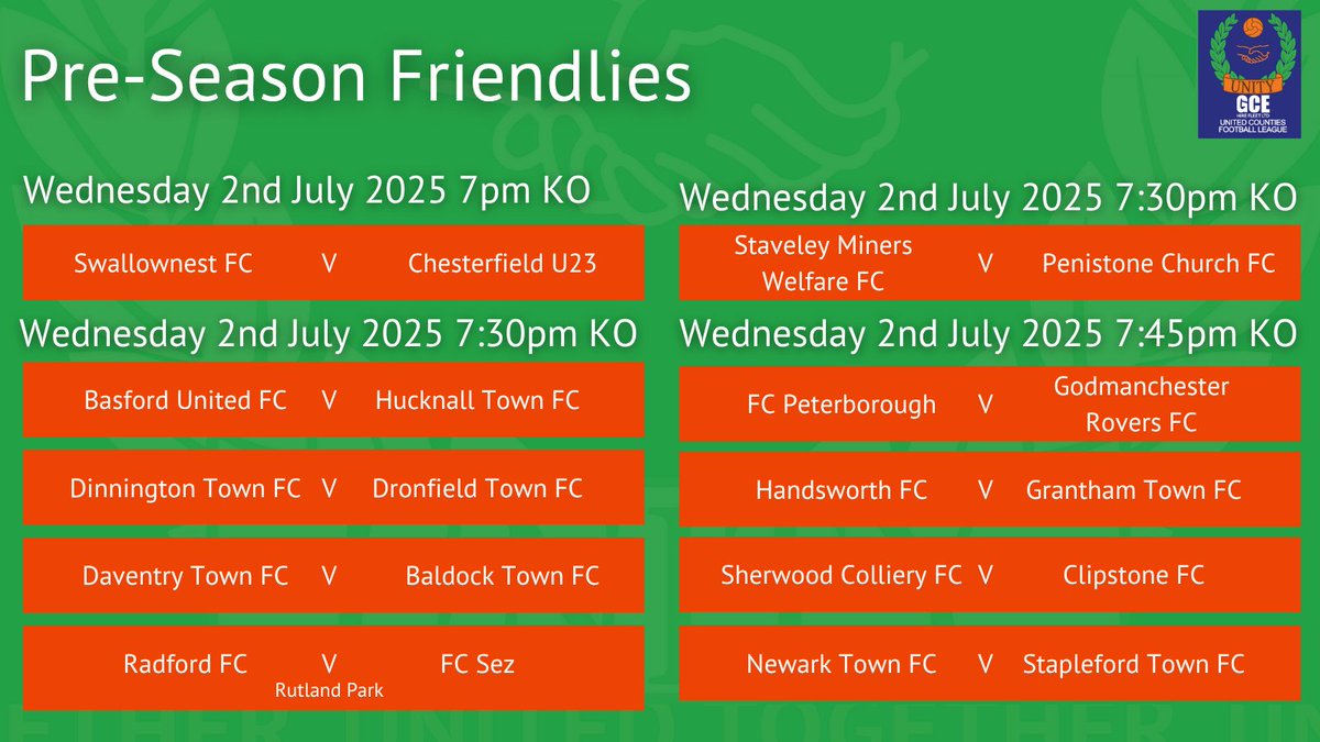 UCL (@utdcos) on Twitter photo ⚽️ It's Match Day!!🎉
Here are the collated pre-season fixtures taking place tonight!
Please check the individual team social media pages or reach out to the team before heading to a match, in case there have been any changes
<a href="/GCEHireFleet/">GCE Hire Fleet Ltd</a> ⚽️ It's Match Day!!🎉
Here are the collated pre-season fixtures taking place tonight!
Please check the individual team social media pages or reach out to the team before heading to a match, in case there have been any changes
<a href="/GCEHireFleet/">GCE Hire Fleet Ltd</a>