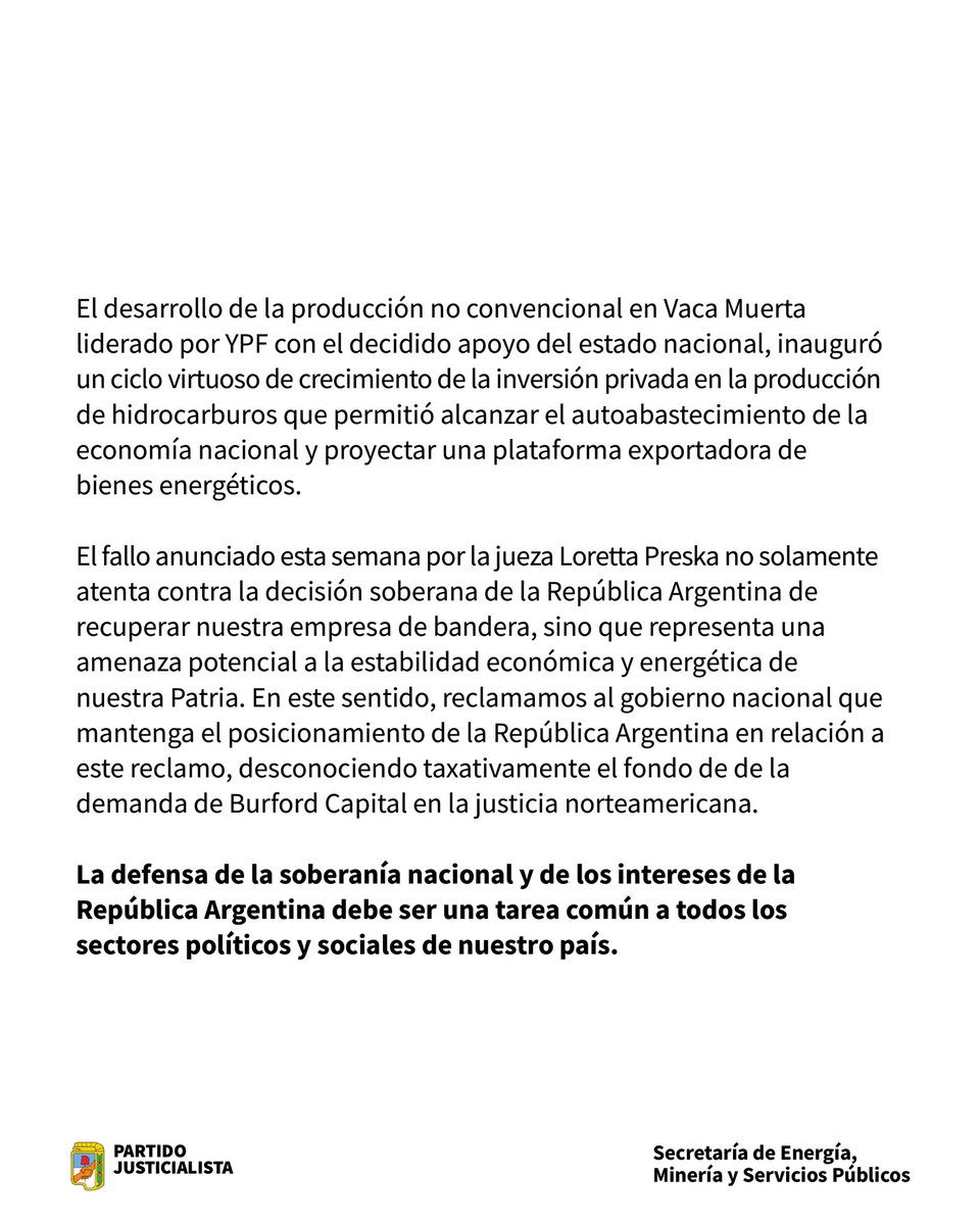 EL PARTIDO JUSTICIALISTA REPUDIA EL FALLO DE LA JUSTICIA NORTEAMERICANA QUE RECLAMA LA ENTREGA DE YPF A LOS FONDOS BUITRES.

Comunicado de la Secretaría de energía, minería y servicios públicos del PJ.