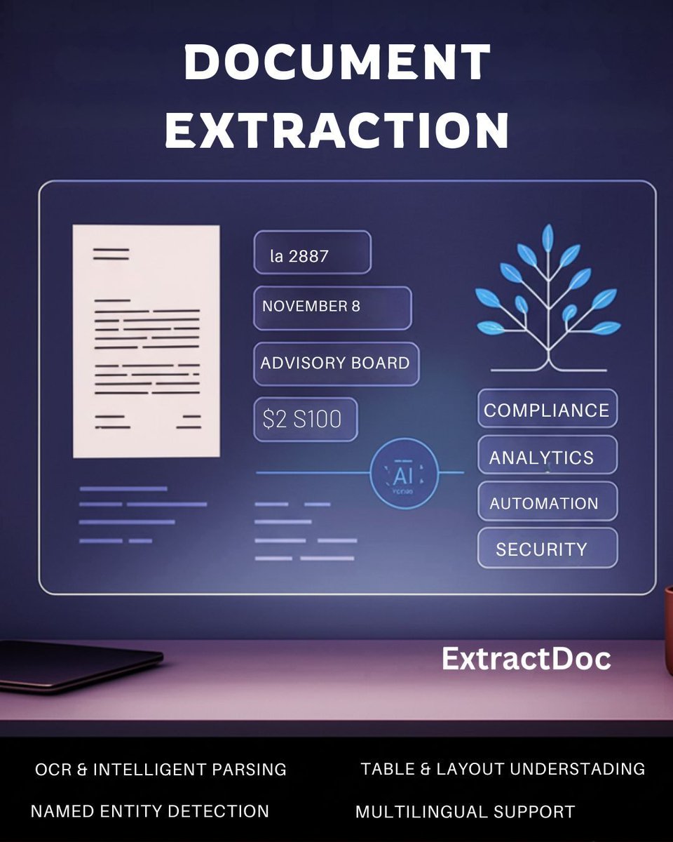 extractdoc's tweet photo. Say goodbye to manual data entry.
ExtractDoc uses AI to turn cluttered docs into clear, structured insights — fast.
Built for compliance, analytics &amp; security.
This isn’t automation. It’s architecture for the mind.

#AI #DocumentExtraction #SmartOCR #ExtractDoc https://t.co/i4QbFX0pIp