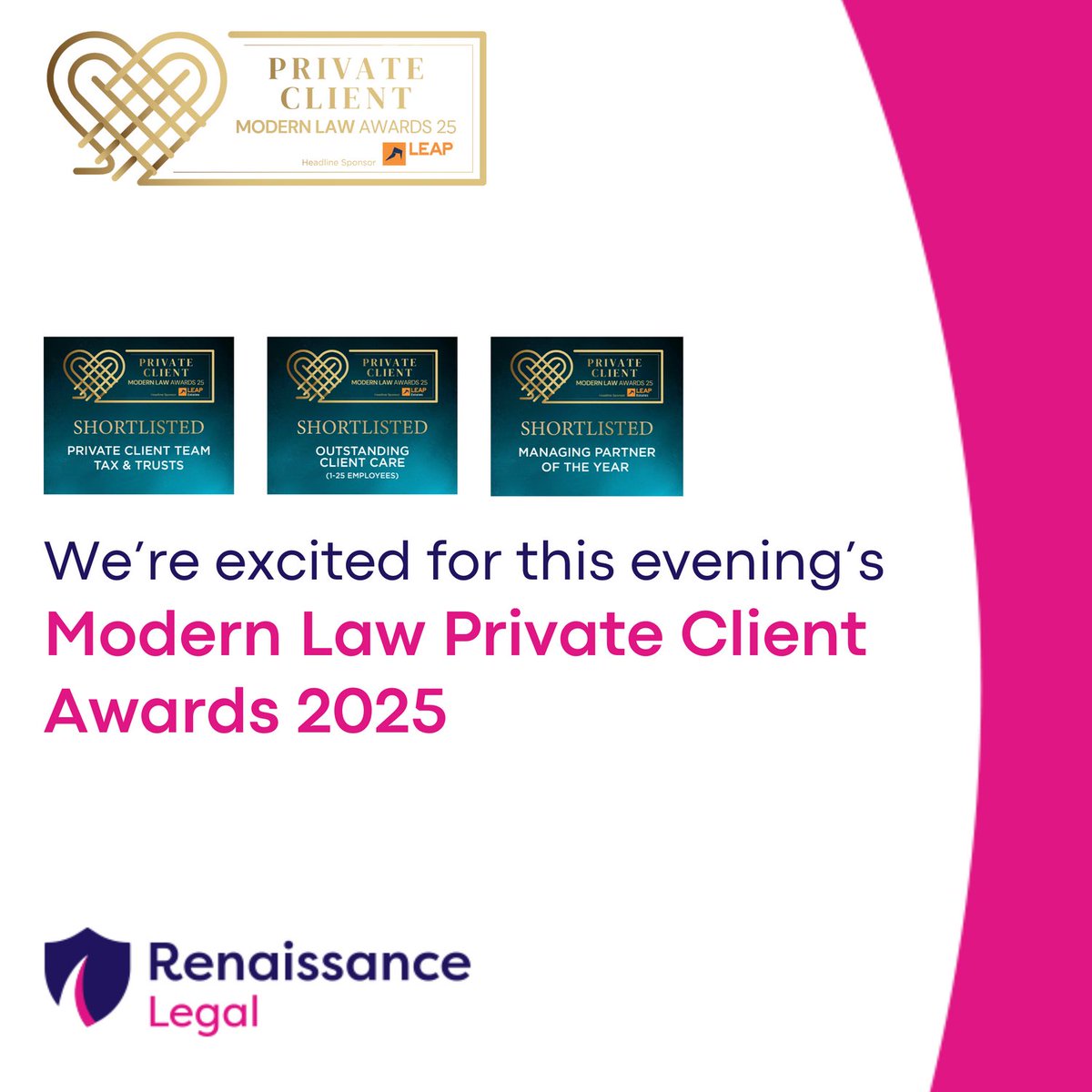 These nominations mean so much to our team and reflect our ongoing commitment to families and carers of disabled and vulnerable individuals.

Good luck to all the other finalists. 

#MLPCA25 #RenaissanceLegal #LegalAwards2025