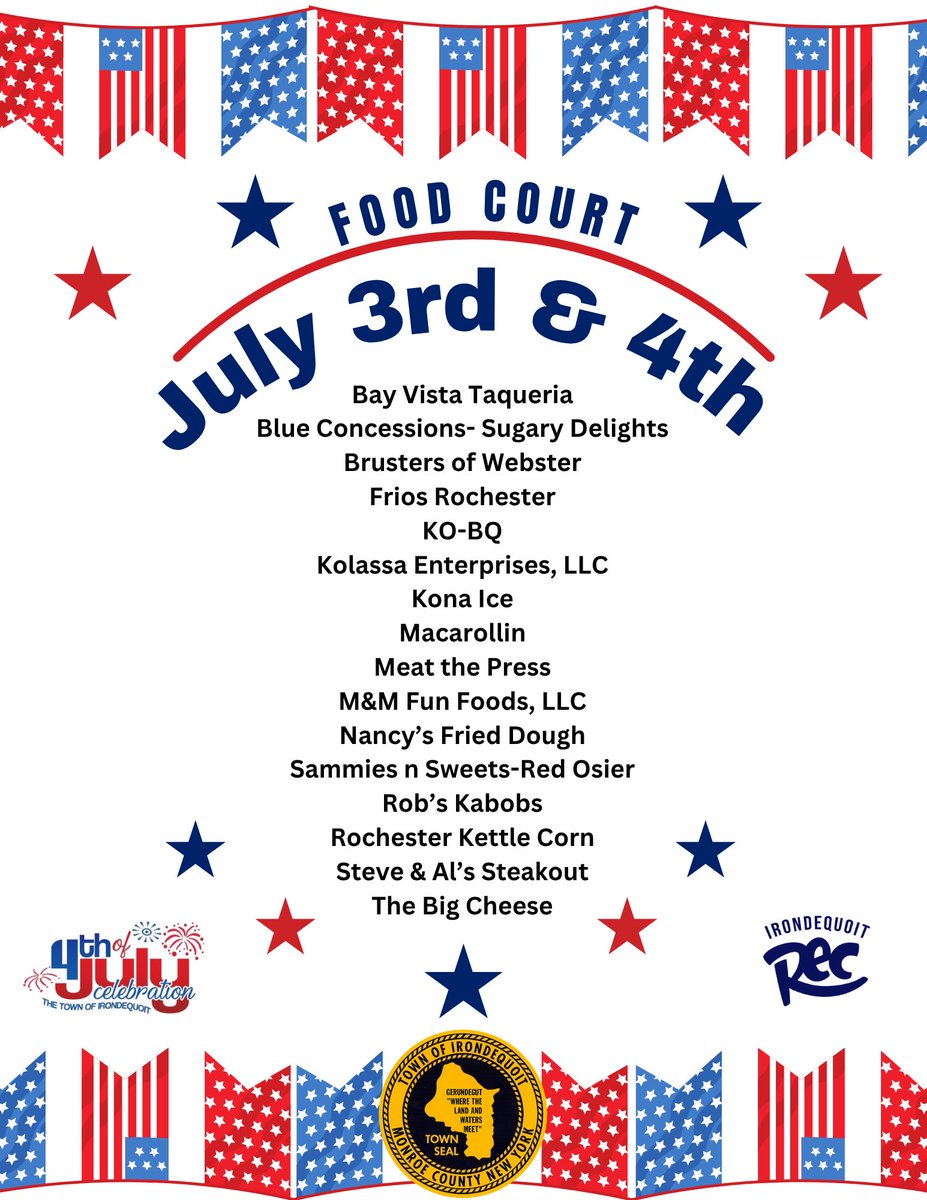 Time for some fun in the sun! Join us at Irondequoit's premier Independence Day Celebration! Our itinerary is packed with sunshine, delicious eats, cold bevs, amazing entertainment, diverse vendor fare, kid-friendly games and FUN for all! Be there or be square!!! 🎶🌭🚌🍉💃🎆