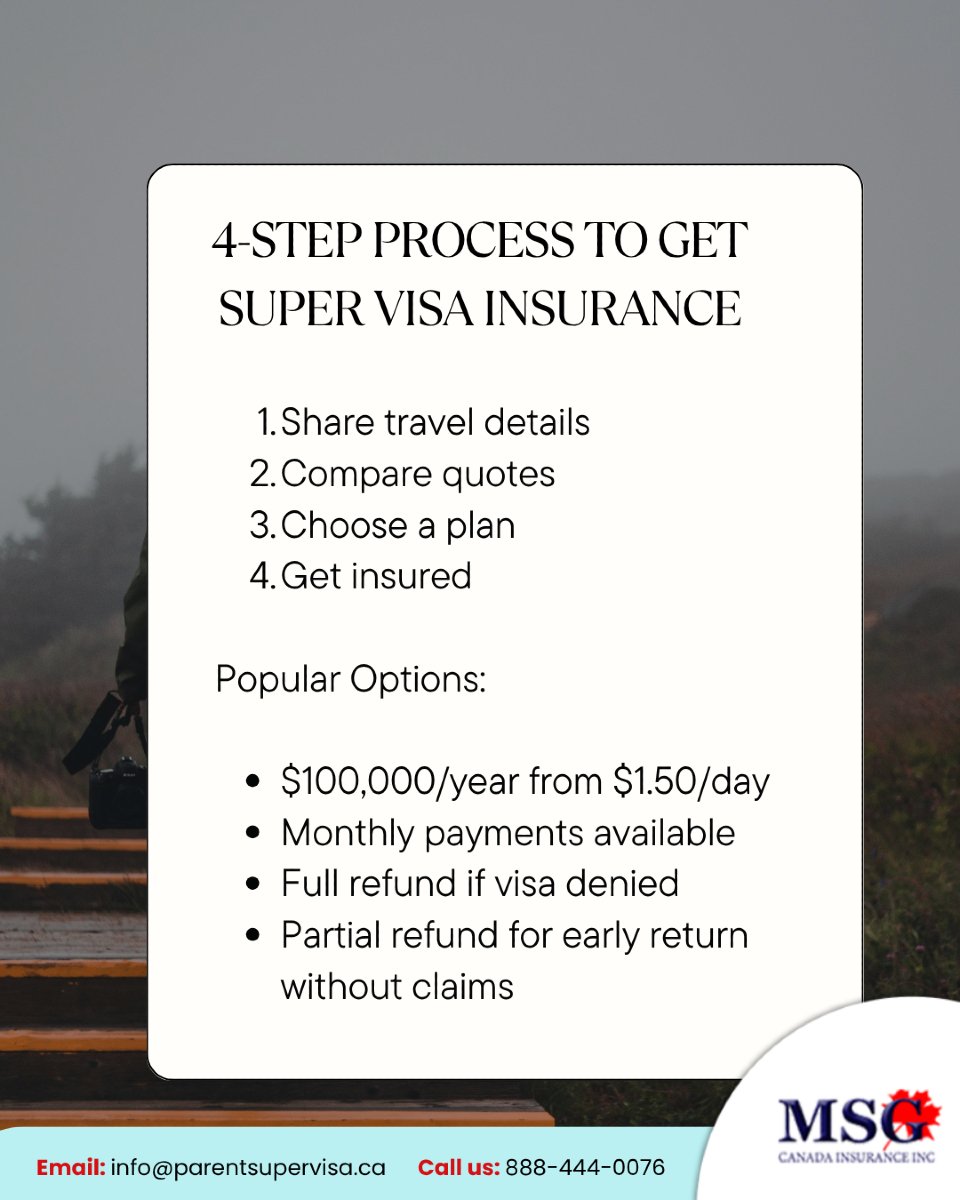 parentsupervisa's tweet image. Getting Super Visa Insurance is simple.

Just 4 steps, and your parents are covered.

#ParentSuperVisa #SuperVisaQuote #CanadaInsurance #VisitorInsuranceCanada #TravelWithPeaceOfMind