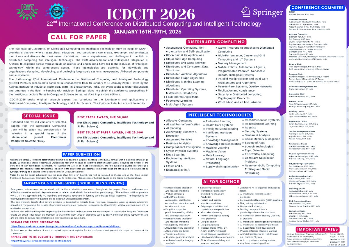 kiit_icdcit's tweet photo. Join leading minds at #ICDCIT2026! Submit your revolutionary research in Distributed Computing, AI, NLP, Cloud/Edge, Robotics, interdisciplinary innovations, and more! Peer-reviewed papers go to Springer LNCS. Jan 16–19, 2026 | 📍Bhubaneswar, India #callforpapers #kiituniversity https://t.co/CuccRmmgJO