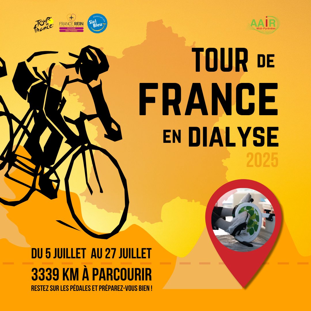 AAIRDialyse's tweet photo. Le Tour de France en Dialyse revient du 5 au 27 juillet !

Les patients de L'AAIR pédaleront pour la 3e année au rythme du #TourDeFrance, en collaboration avec @assosielbleu !

Objectif : 3339 km

Cette démarche permet aux patients de devenir acteurs de leur parcours de soins. https://t.co/JQHcGU6u0u