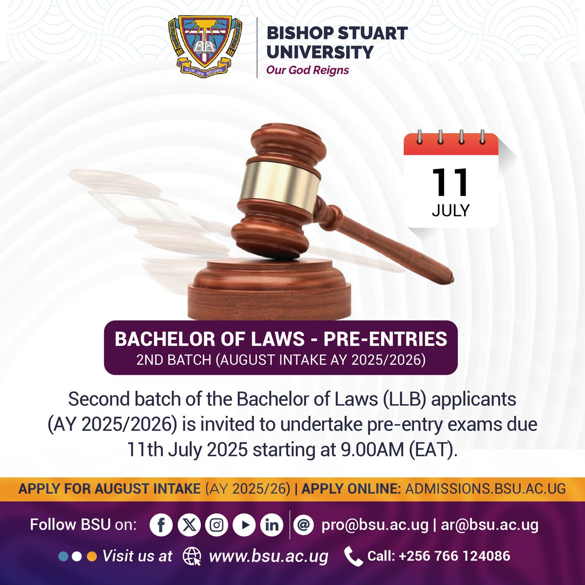 The second batch of Bachelor of Laws (LLB) applicants for AY 2025/2026 is invited to undertake the pre-entry exams on 11th July 2025, starting at 9:00 AM (EAT).