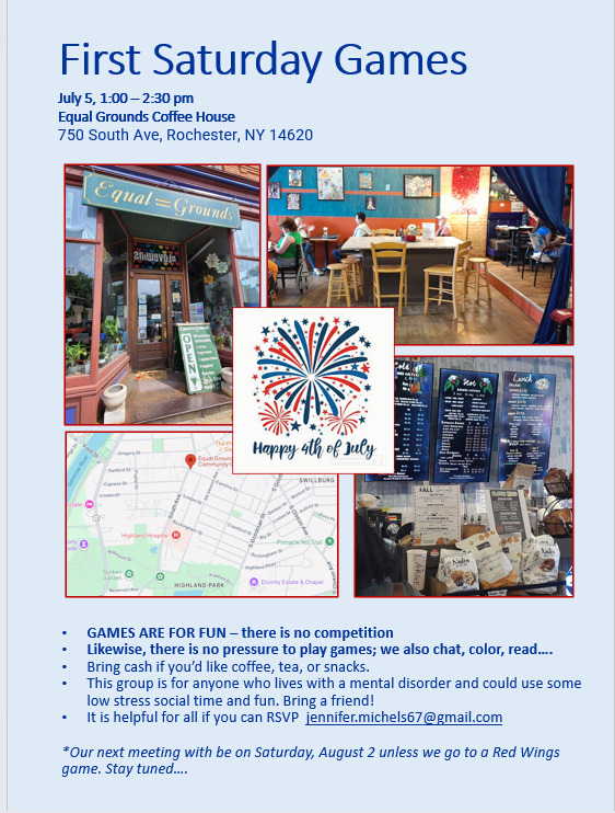 namirochesterny's tweet image. Join us for First Saturday Games!
July 5, 1:00 PM - 2:30 PM
Equal Grounds Coffee House
750 South Ave, Rochester, NY 14620

To RSVP, contact jennifer.michels67@gmail.com.

#funandgames #firstsaturdaygames