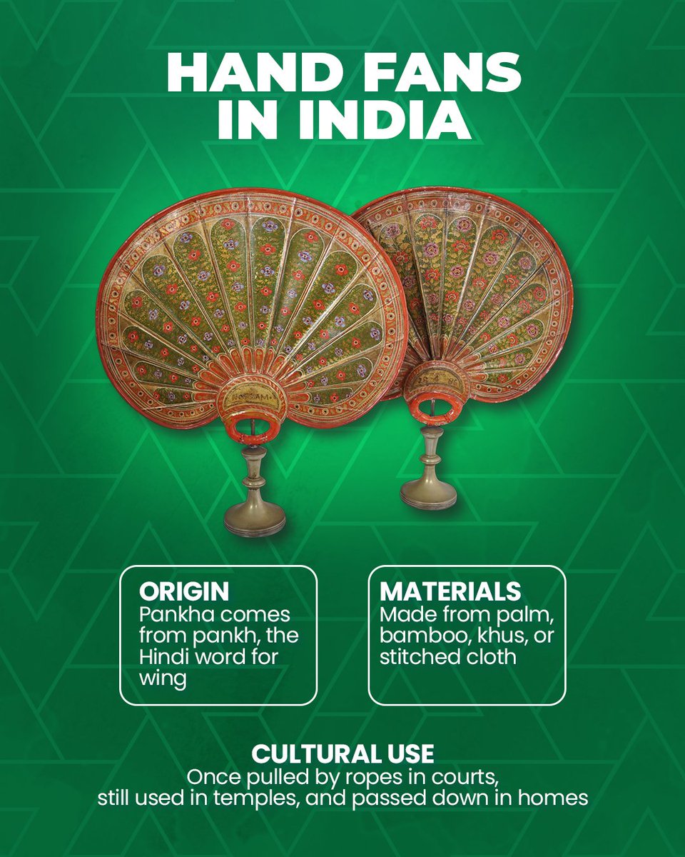 Hand Fans in India

The pankha tells a story of breeze before machines.Crafted by hand, passed down with care, and still spinning in temples and summers alike.

#India #IncredibleIndia #IndianEmbassy #IndianEmbassyAbuDhabi #IndiainUAE #IndianCrafts #TraditionalIndia