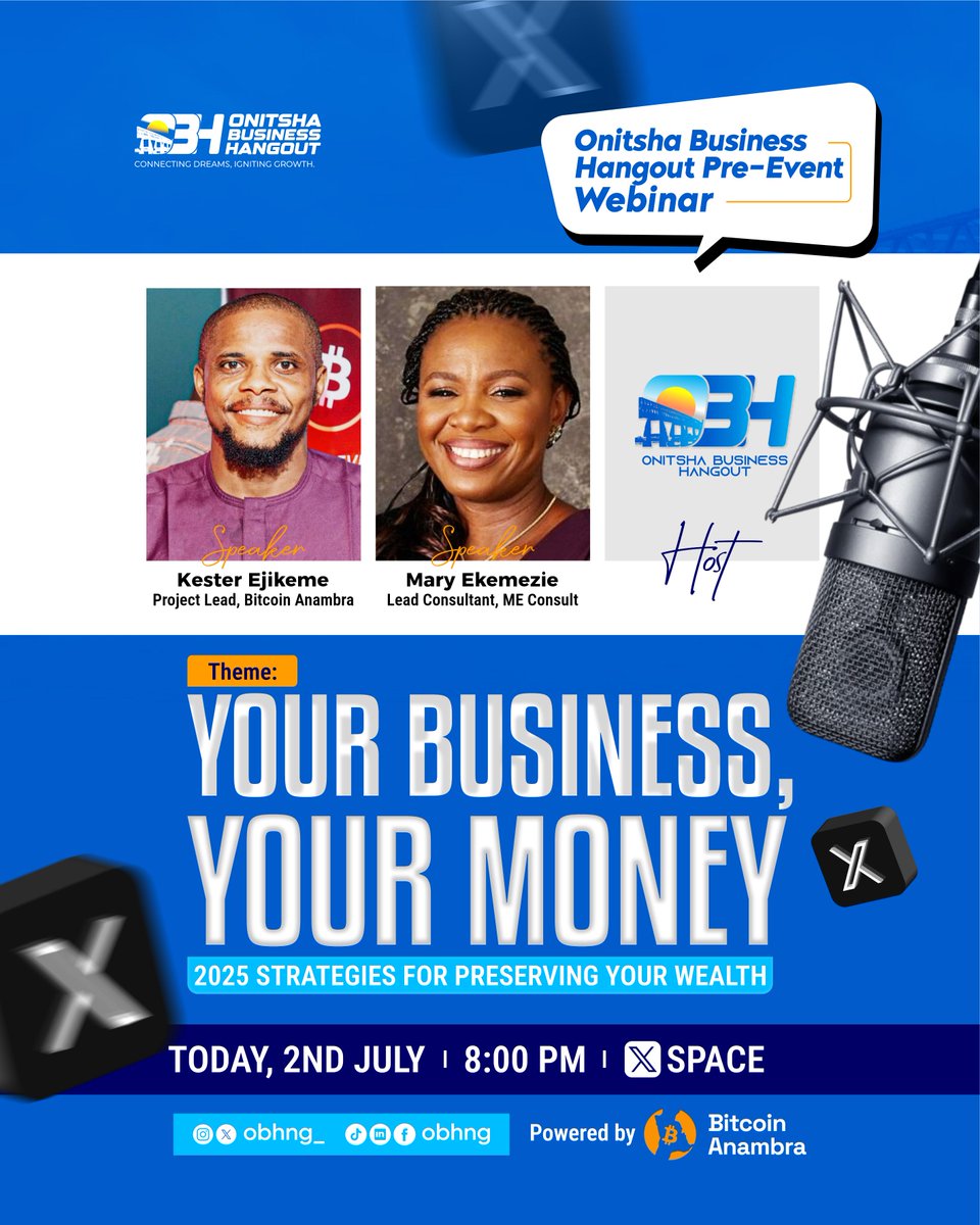 What are you most excited for in the #OnitshaBusinessHangout 4.0?
We'd like to have a discussion tonight at 8pm. "Your Business, Your Money"
<a href="/BitcoinAnambra/">Bitcoin Anambra</a> will be co-hosting the space with us tonight.
x.com/i/spaces/1lPKq…