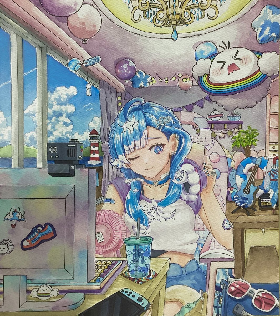 @sui6060: RT by @kobokanaeru: You can stay cool even without air conditioning 🌊☀️ #Kobo_Kanaeru #hololive #AeruSeni #水彩画 #コピック (タップ・拡大推奨)