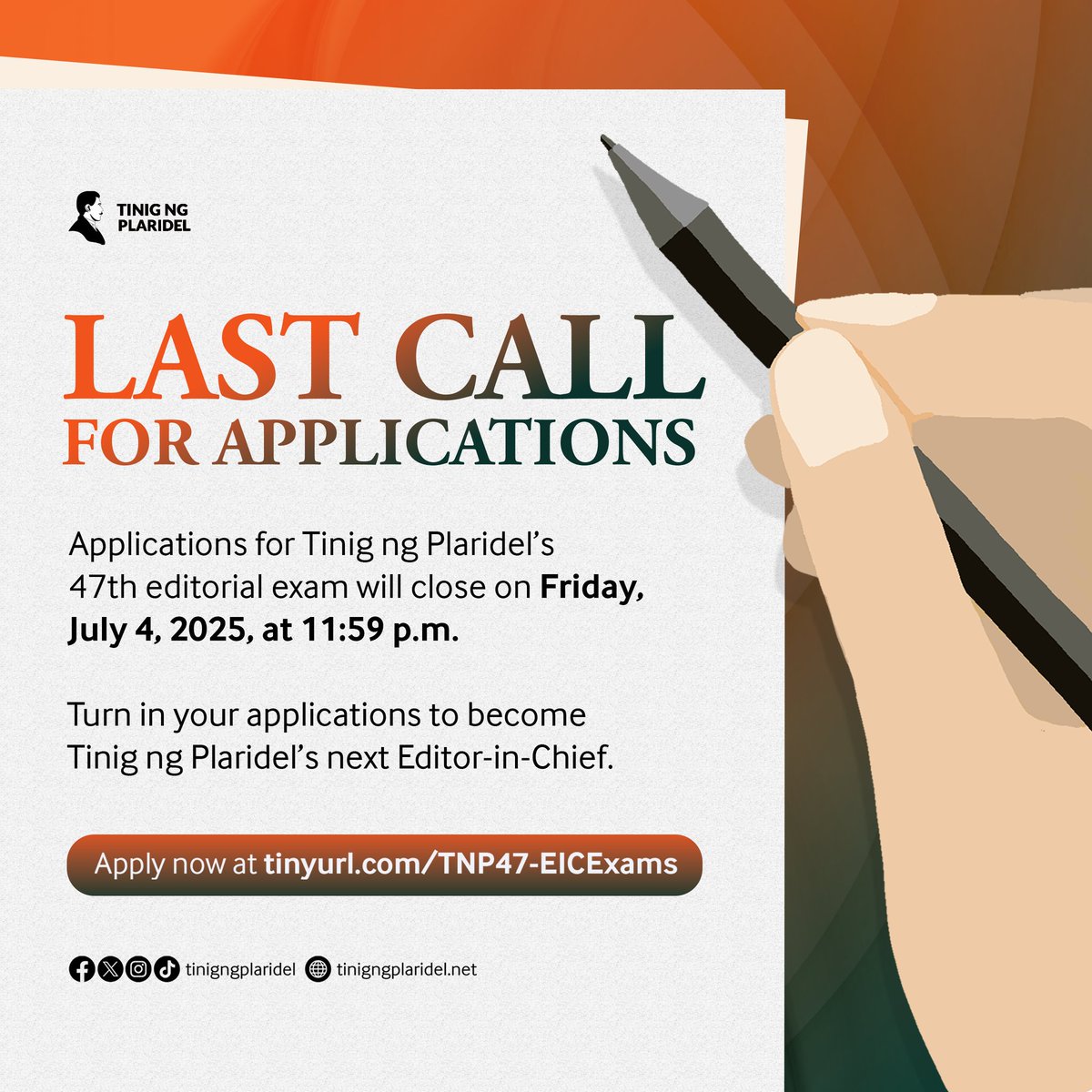 tinigngplaridel's tweet photo. Pick up the pen to become the 47th editor-in-chief of Tinig ng Plaridel. Sign up for the online exam at https://t.co/wXuAb5Q7mg
Only undergraduate students from the UP College of Media and Communication may apply.
#TNP47 https://t.co/dBeCtVl4WU