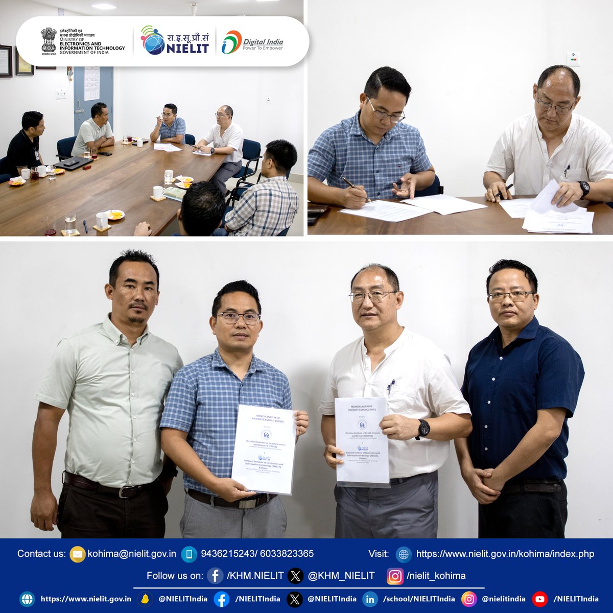 A Memorandum of Understanding (MoU) was signed between NIELIT Kohimaand CIHSR, Chümoukedima, Nagalandfor Skilling of students and staff through NIELIT NSQF courses and joint R&amp;D initiatives in the health sector
<a href="/NIELITIndia/">NIELIT</a> <a href="/GoI_MeitY/">Ministry of Electronics & IT</a>