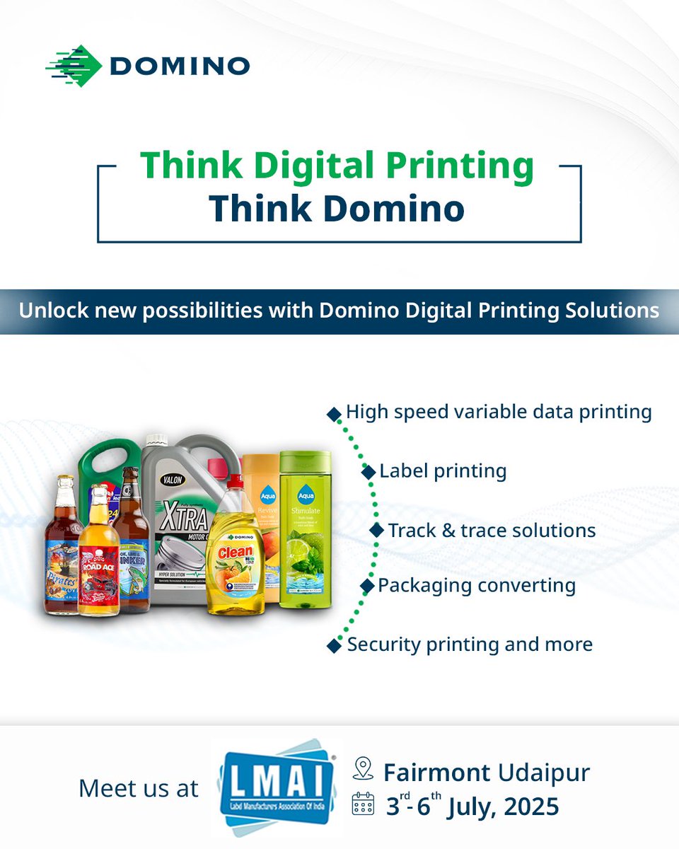 DominoIndia's tweet photo. Digital printing means Domino.
From labels to track and trace solutions discover how Domino is driving next-gen print technology.
Meet us at LMAI Conference
๐ Fairmont Udaipur Palace
๐
3โ6 July 2025
#LMAI #LabelManufacturersAssociationOfIndia #DominoIndia https://t.co/jgHmiIa8KJ