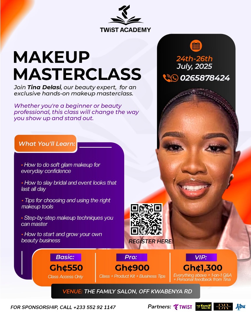 twistbeauty_'s tweet photo. Your makeup skills deserve a glow-up! 🌟 GLOWTOUR 1.0 is here — scan &amp; join the movement. Register before July 10 to grab Basic for GHC250. Don’t miss out! #BeautyGhana #GLOWTOUR https://t.co/eozNincNaj