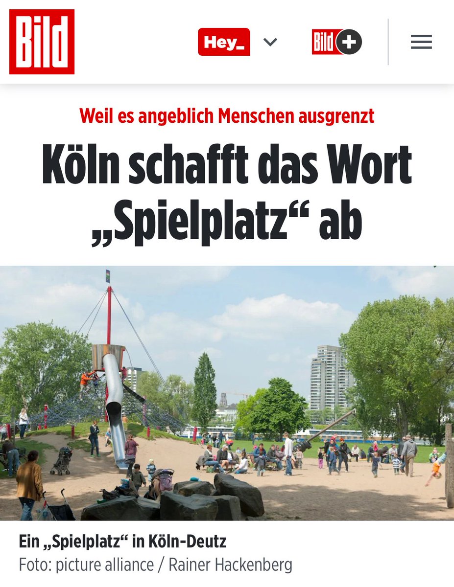 IRRENHAUS DEUTSCHLAND❗️

Köln streicht das Wort „Spielplatz“! 

Der Begriff sei „eingrenzend“. Künftig soll es „Spiel- und Aktionsfläche“ heißen. Dafür werden 700 Schilder an Spielplätzen auf Steuerzahlers Kosten ausgetauscht.

Die irre Begründung: 
„Insbesondere muss dem