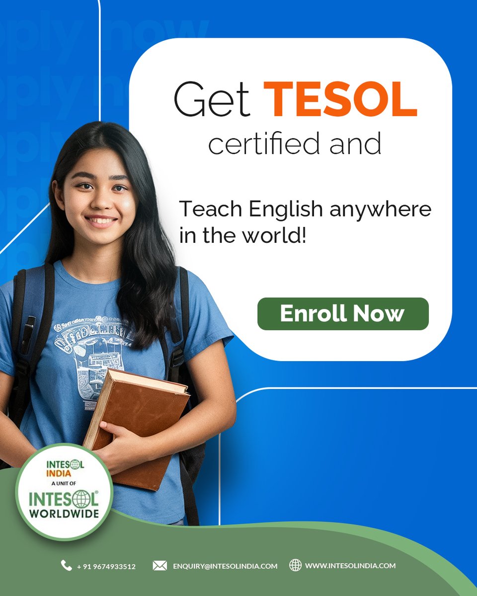 Intesol India (@intesolindia) on Twitter photo Equip yourself with industry-recognized skills and open doors to exciting international opportunities. Learn at your own pace and become a certified global educator!
.
π +91 9674933512
π§ enquiry@intesolindia.com
π intesolindia.com
.
.
#tesolcertification Equip yourself with industry-recognized skills and open doors to exciting international opportunities. Learn at your own pace and become a certified global educator!
.
π +91 9674933512
π§ enquiry@intesolindia.com
π intesolindia.com
.
.
#tesolcertification