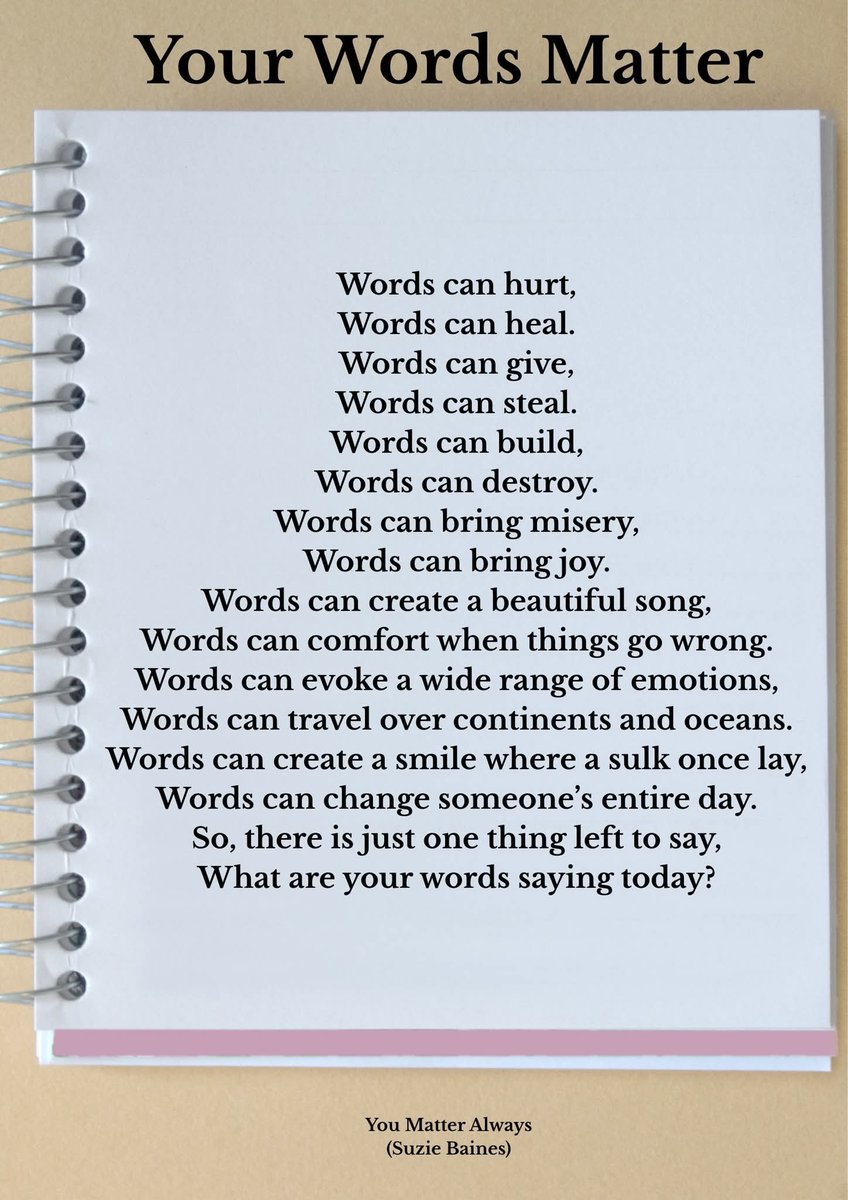 SuzieYMA's tweet photo. Hello you wise bunch, today's #Wisewordswednesday reminder is about the power of words/language because words can HURT & words can HEAL πππ #YouMatterAlways #yourwordsmatter #AllThatYouAre #whoyouarematters #WednesdayWisdom #thinkingoutloud #reflectandconnect https://t.co/oVtcxEerKw