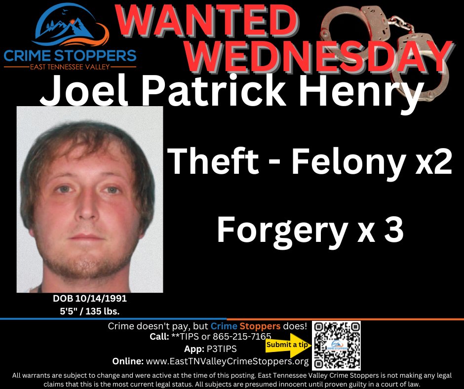 🚨 #WantedWednesday Alert! We need your help finding Joel Henry, wanted on multiple felony warrants. He's known to travel between Maryville &amp; Knoxville. If you have info on his whereabouts, submit an anonymous tip to East TN Valley Crime Stoppers. You could earn a cash reward!